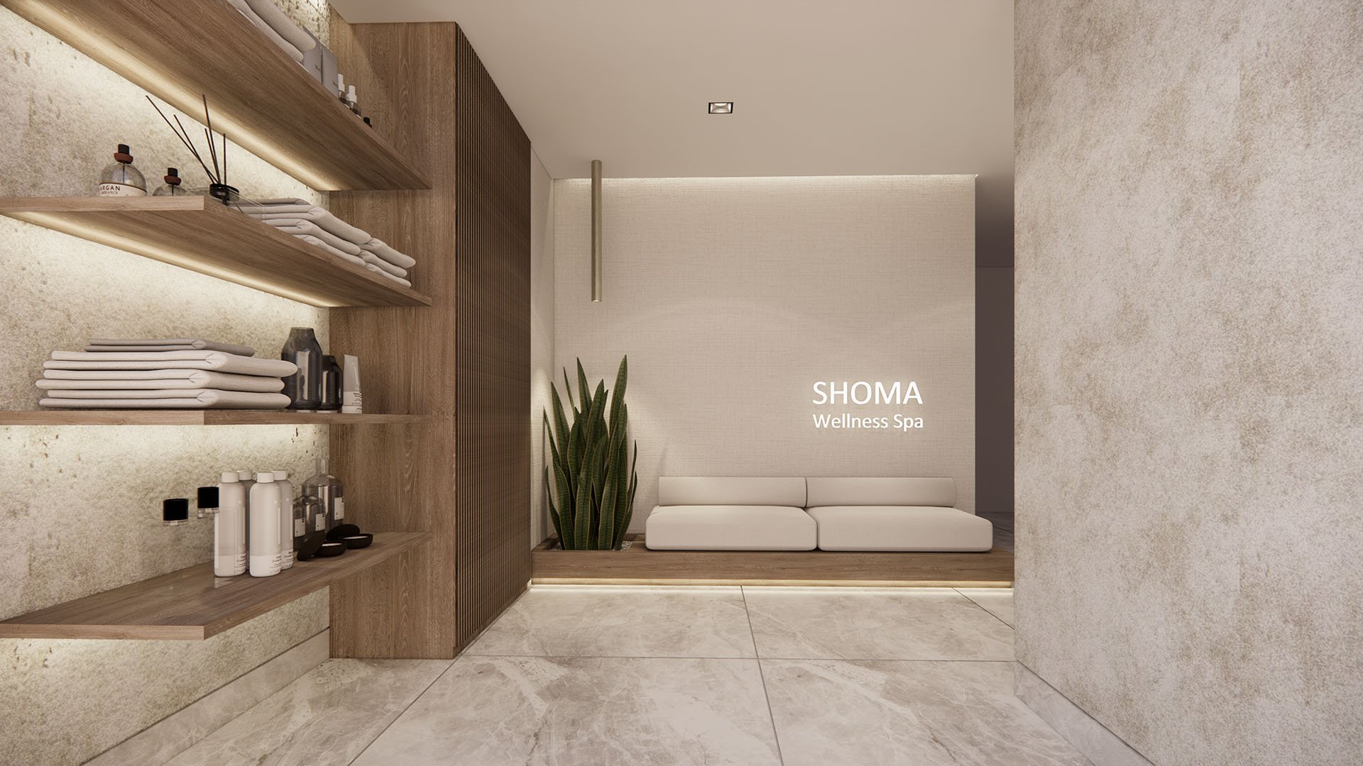 Shoma Bay North Bay Village Shoma Wellness Spa lobby with relaxation seating, towel and wellness product shelving, showcasing luxury and ultra luxury preconstruction condos amenities in Miami, Florida.