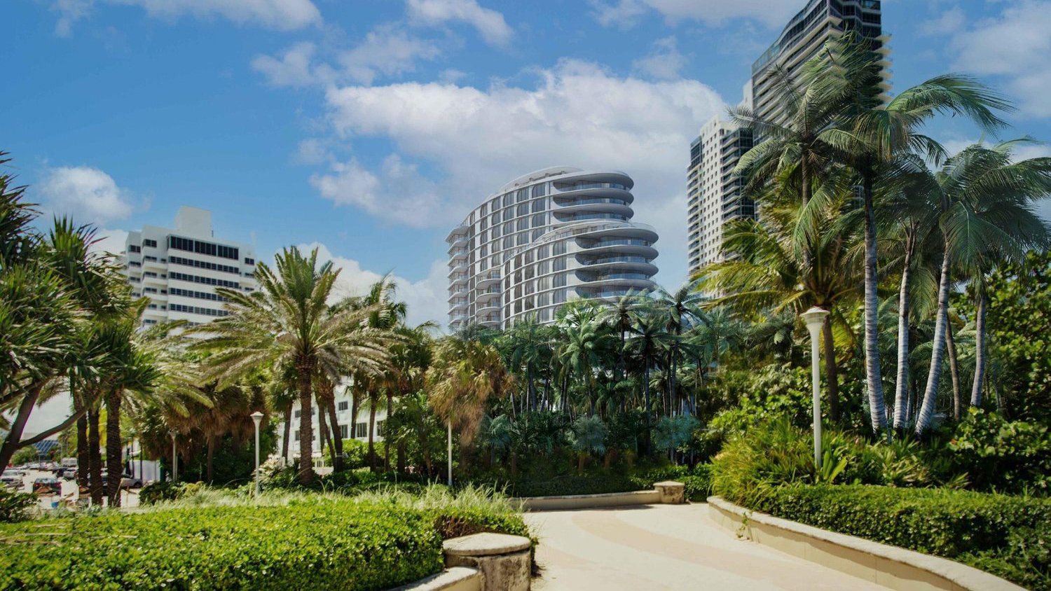 Shore Club, Miami Beach urban paradise with palm landscaping and pathways—oceanfront lifestyle for luxury and ultra luxury condos; preconstruction.