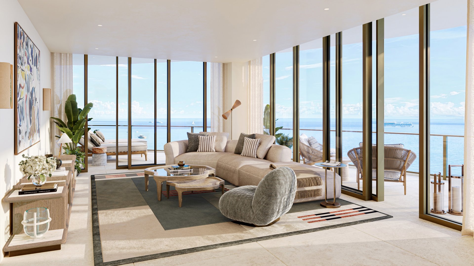 St. Regis Bahia Mar Residences coastal living room with ocean view, Fort Lauderdale Beach; luxury interiors for ultra luxury condos, preconstruction. Featuring modern.