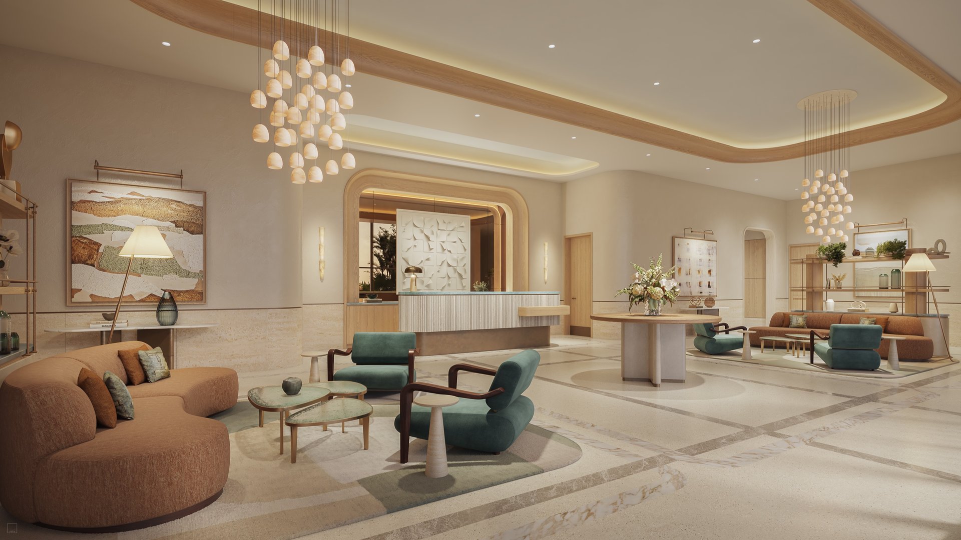 St. Regis Bahia Mar Residences grand lobby, Fort Lauderdale; luxury arrival for ultra luxury condos, preconstruction at Bahia Mar Marina. Featuring modern interior design.