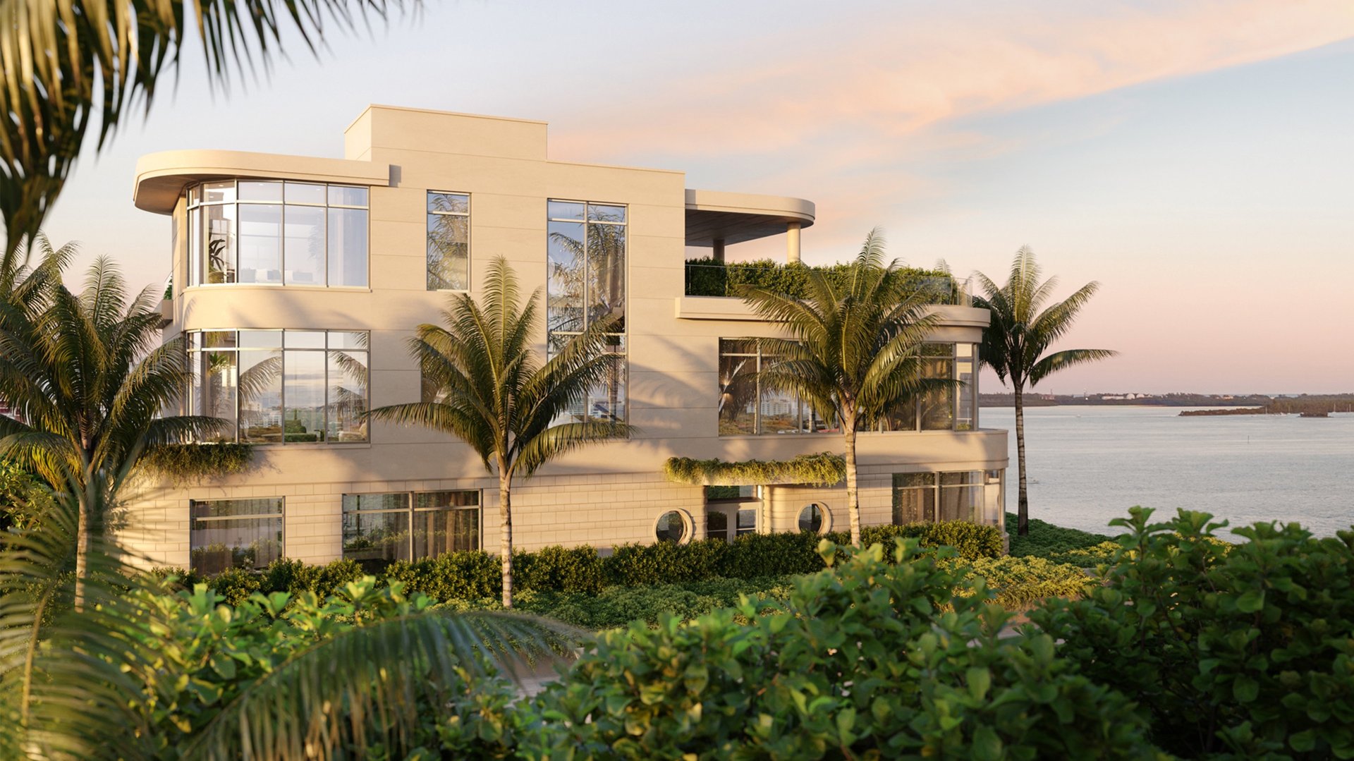 St. Regis Brickell, Brickell Miami modern waterfront home‑style residence at sunset—expansive terraces for luxury and ultra luxury condos; preconstruction.