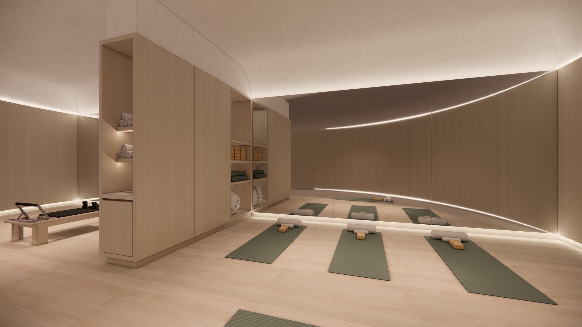 St. Regis Brickell, Brickell Miami minimalist yoga studio, fitness amenity for luxury and ultra luxury condos; preconstruction. Featuring interior.