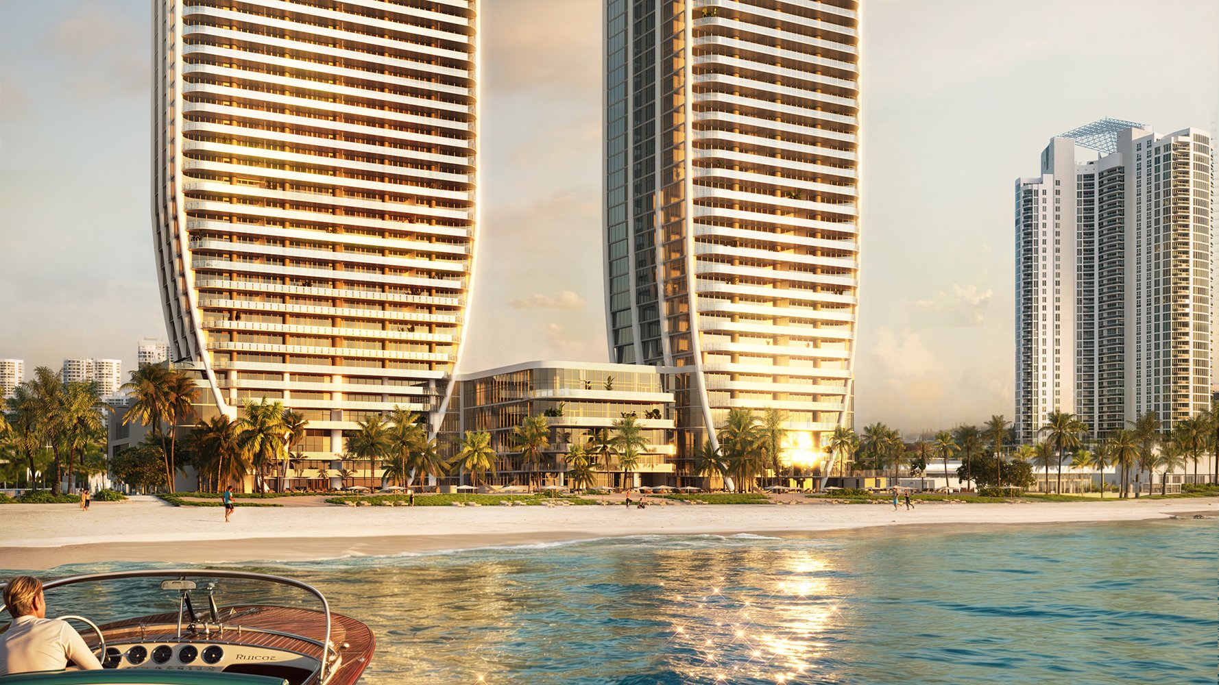 St. Regis Sunny Isles, Sunny Isles Beach beachfront condominiums at sunset—oceanfront towers of luxury and ultra luxury condos; preconstruction.
