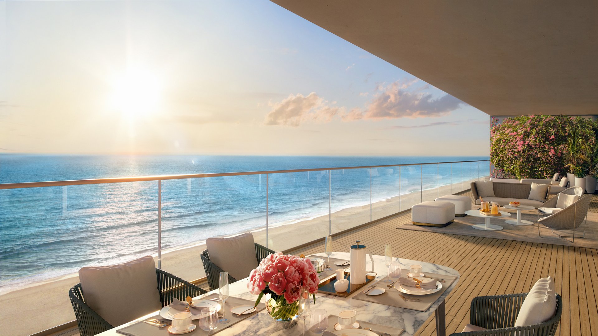 St. Regis Sunny Isles, Sunny Isles Beach oceanfront balcony dining at sunset—sky‑level living in luxury and ultra luxury condos; preconstruction.