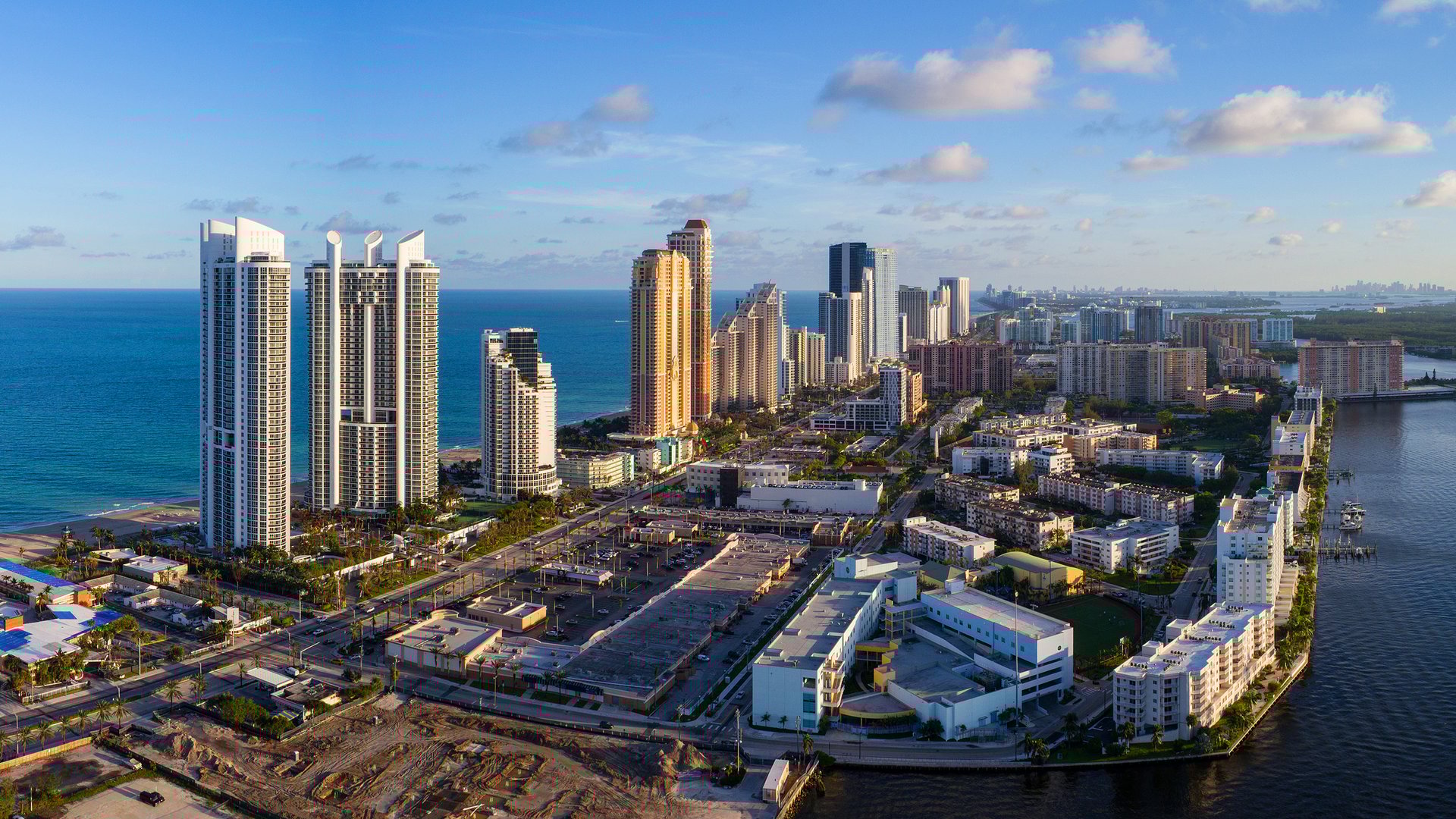 Sunny Isles Beach, Miami skyline aerial over Atlantic and Intracoastal—destination for luxury and ultra luxury condos; preconstruction and resale.