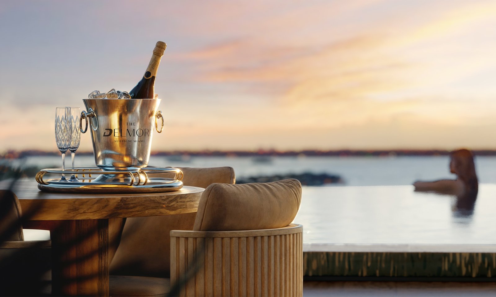 The Delmore, Surfside Miami evening poolside drinks, resort amenities for luxury and ultra luxury condos; preconstruction.