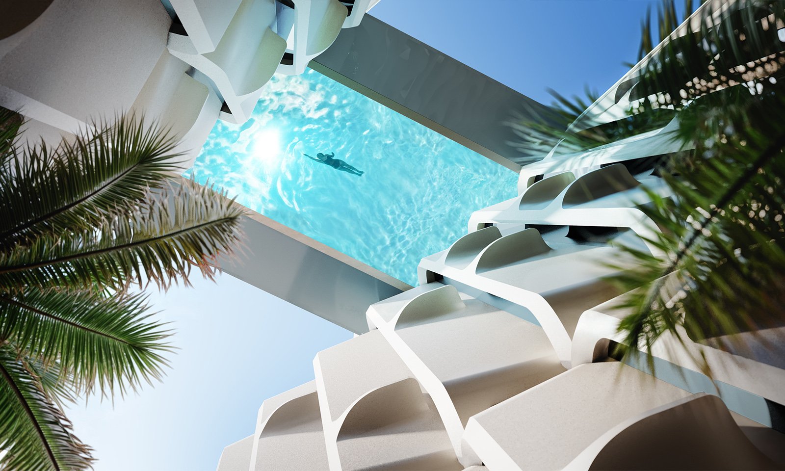 The Delmore, Surfside Miami daylight pool beside sculpted architecture—oceanfront haven of luxury and ultra luxury condos; preconstruction.