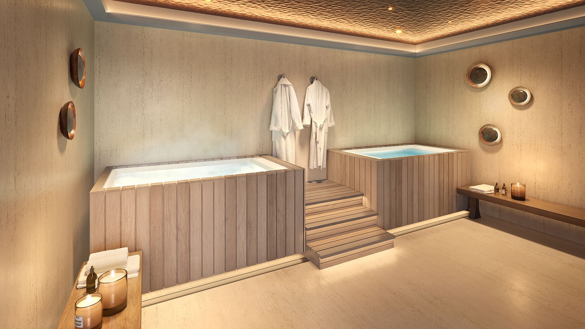 Spa wellness suite at The Lincoln Coconut Grove, Miami, Florida with hot and cold plunge pools, robes and relaxation bench, highlighting luxury and ultra luxury preconstruction condos amenities with tranquil lighting, natural textures and private hydrotherapy experience.