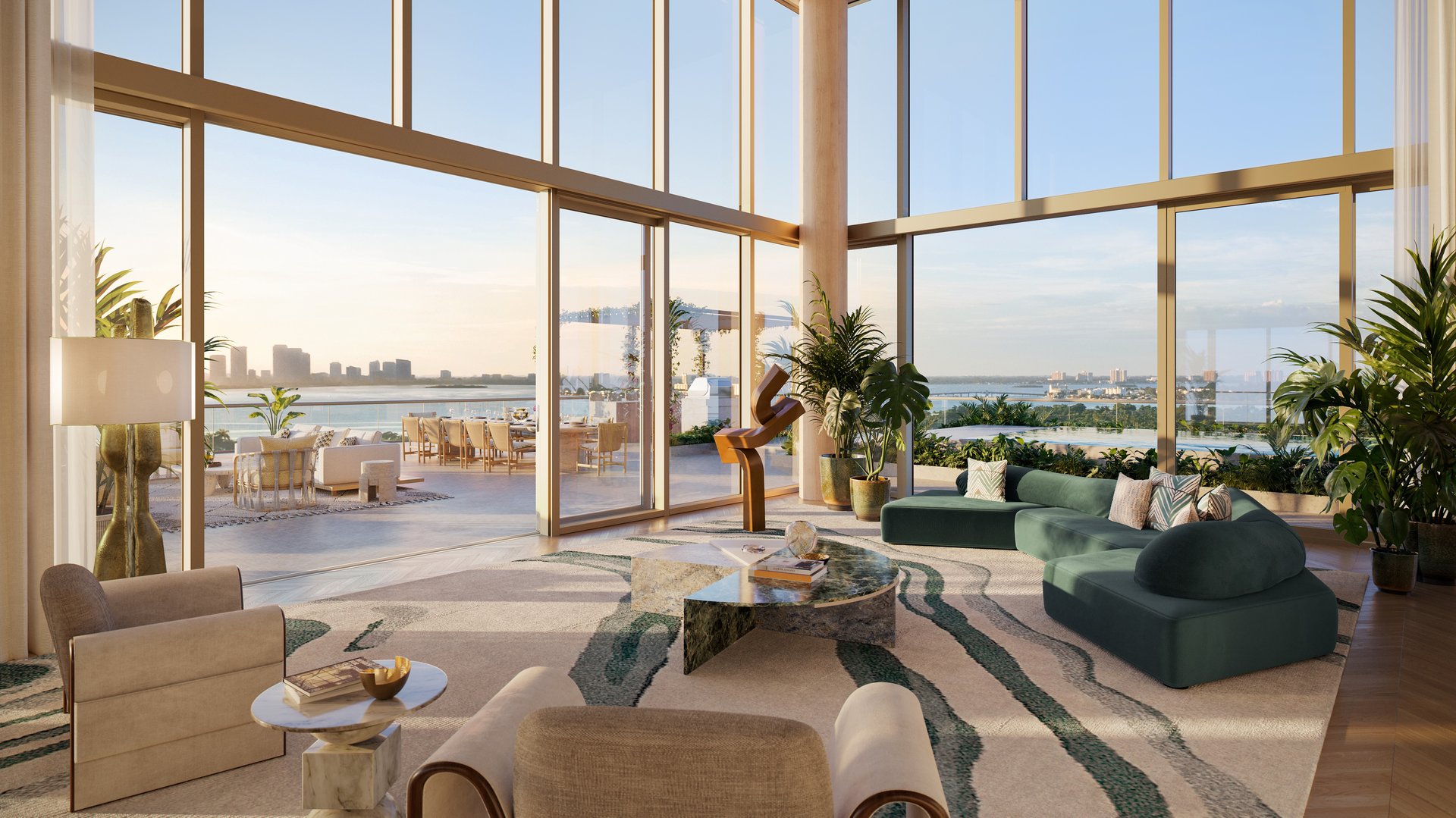 The Perigon Miami Beach living room with waterfront view and terrace—Miami Beach luxury and ultra luxury condos, preconstruction.