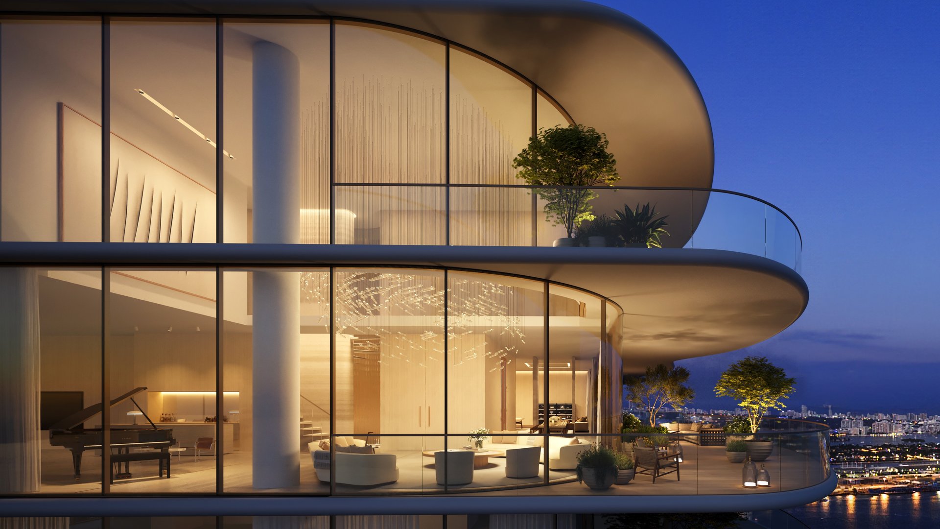 The Residences at 1428 Brickell modern apartment at evening with panoramic city lights—Brickell, Miami; luxury and ultra luxury condos with floor‑to‑ceiling glass, preconstruction.