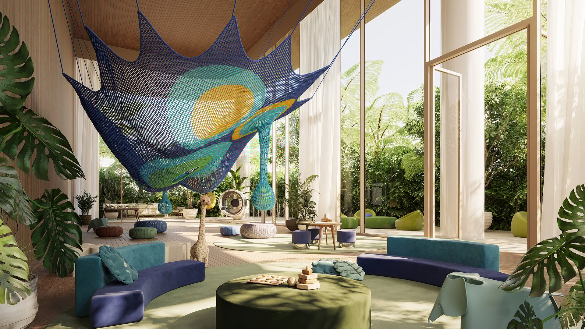 The Residences at 1428 Brickell children’s playroom with hanging net. Brickell, Miami; family amenity in luxury and ultra luxury condos, preconstruction. Featuring modern interior.