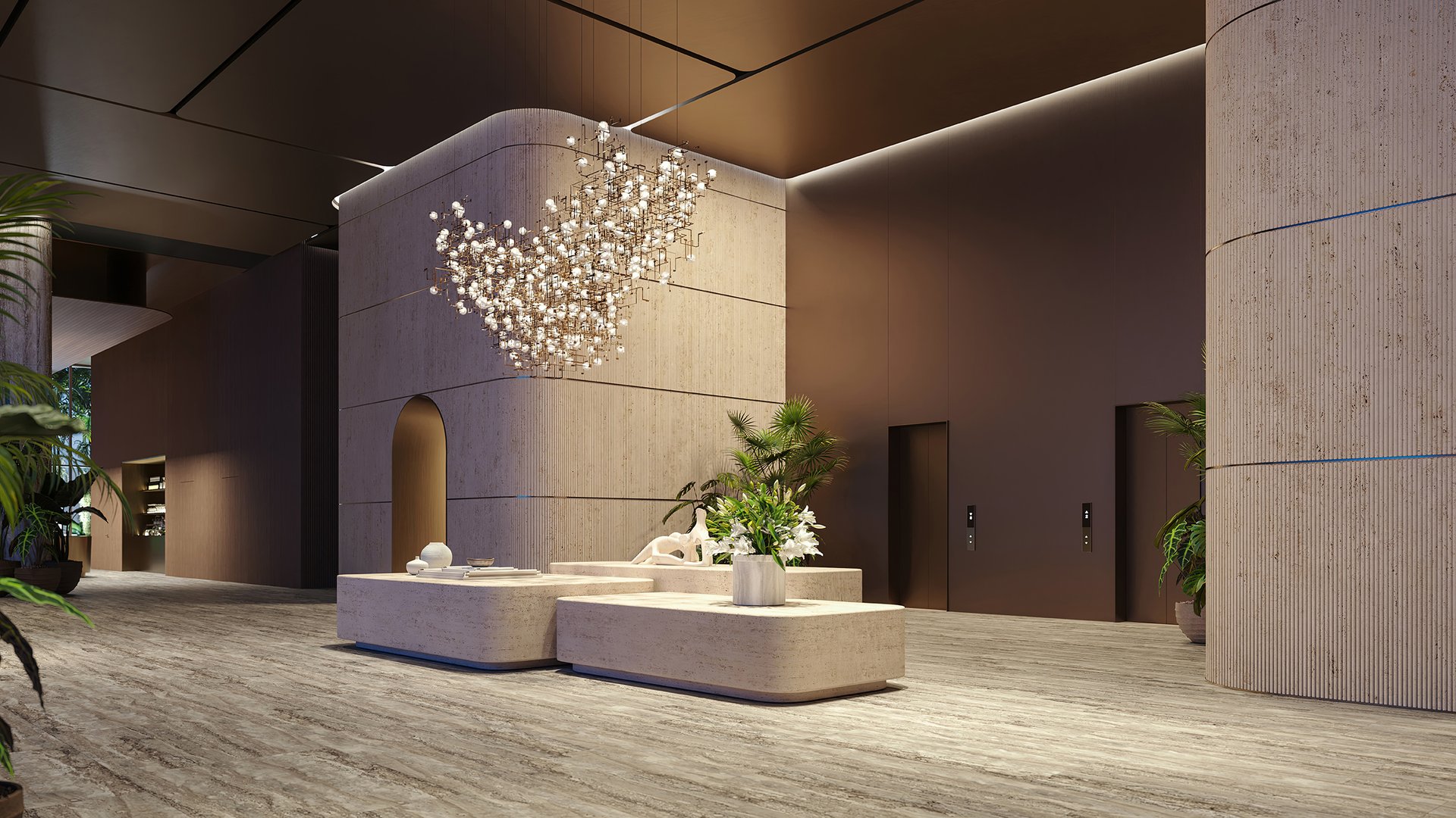 The Residences at 1428 Brickell lobby with chandelier, greenery and seating. Brickell, Miami; hotel‑style welcome for luxury and ultra luxury condos, preconstruction. Featuring modern interior and plants.