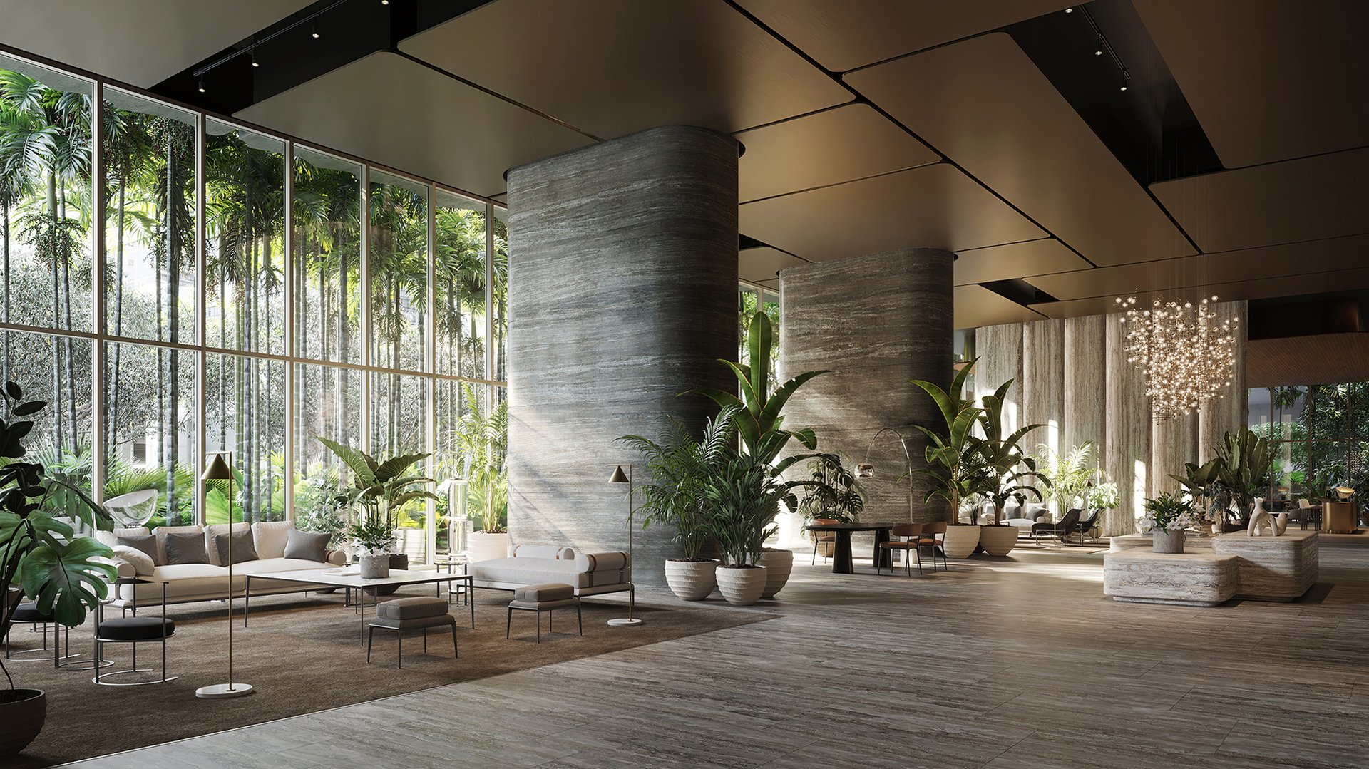 The Residences at 1428 Brickell lobby with greenery and natural light. Brickell, Miami; elegant arrival for luxury and ultra luxury condos; preconstruction. Featuring modern interior and plants.