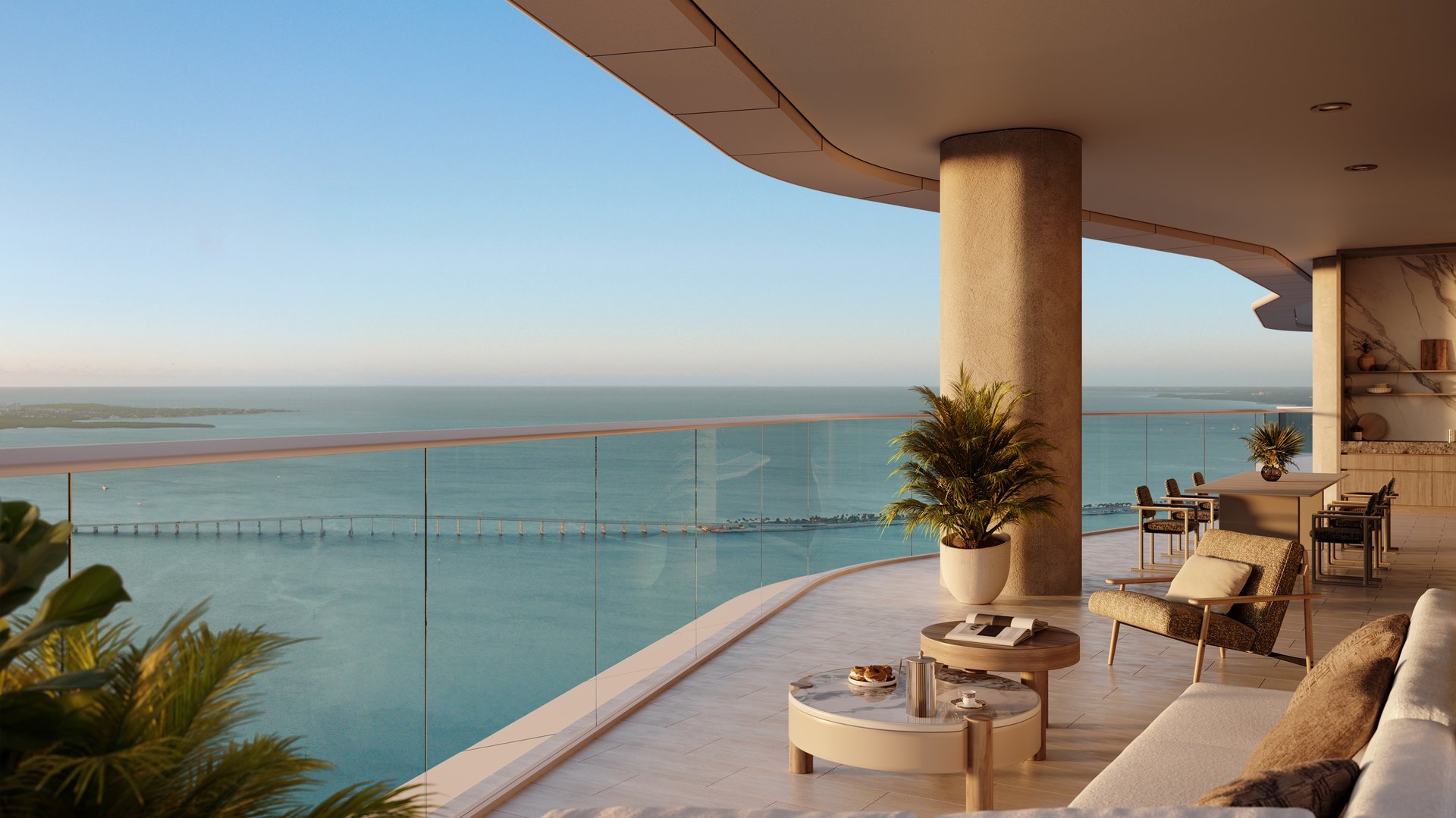 The Residences at Mandarin Oriental, Miami balcony with sea view—Brickell Key; indoor‑outdoor living in luxury and ultra luxury condos; preconstruction.