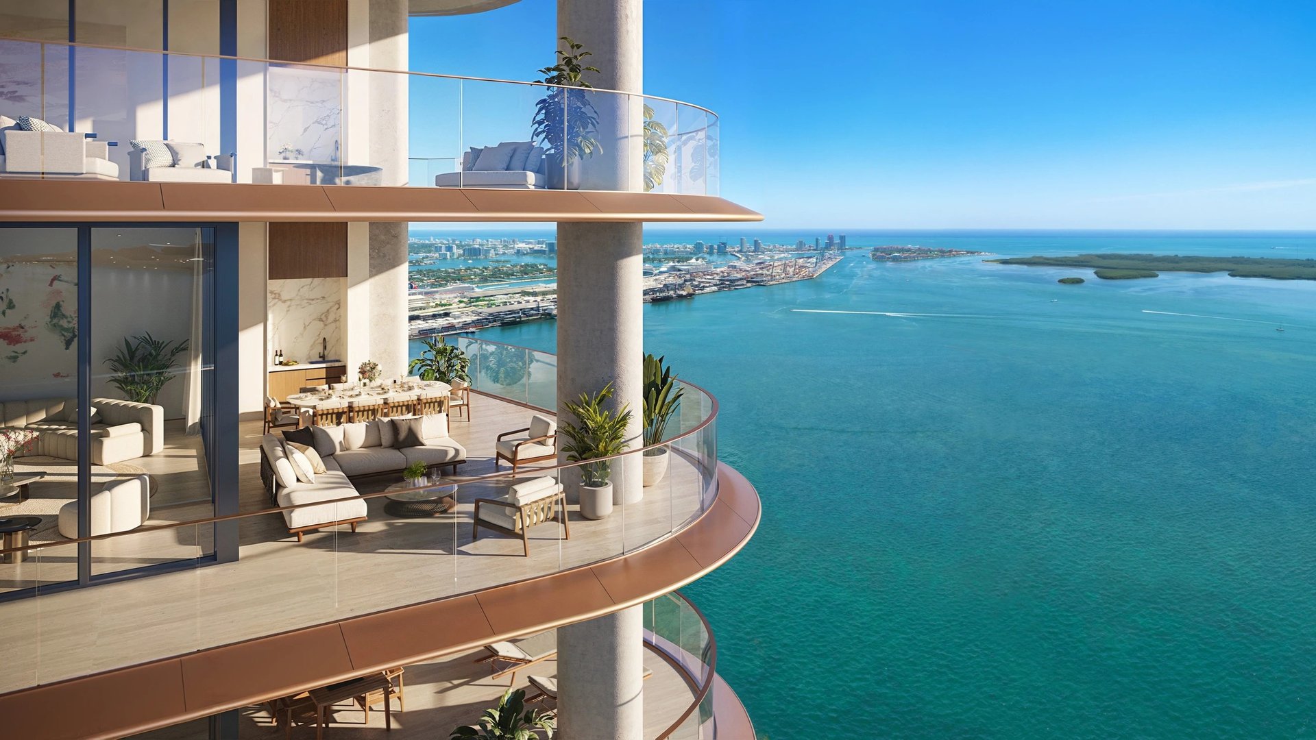 The Residences at Mandarin Oriental, Brickell Key Miami balcony with waterfront view—indoor‑outdoor living for luxury and ultra luxury condos; preconstruction.