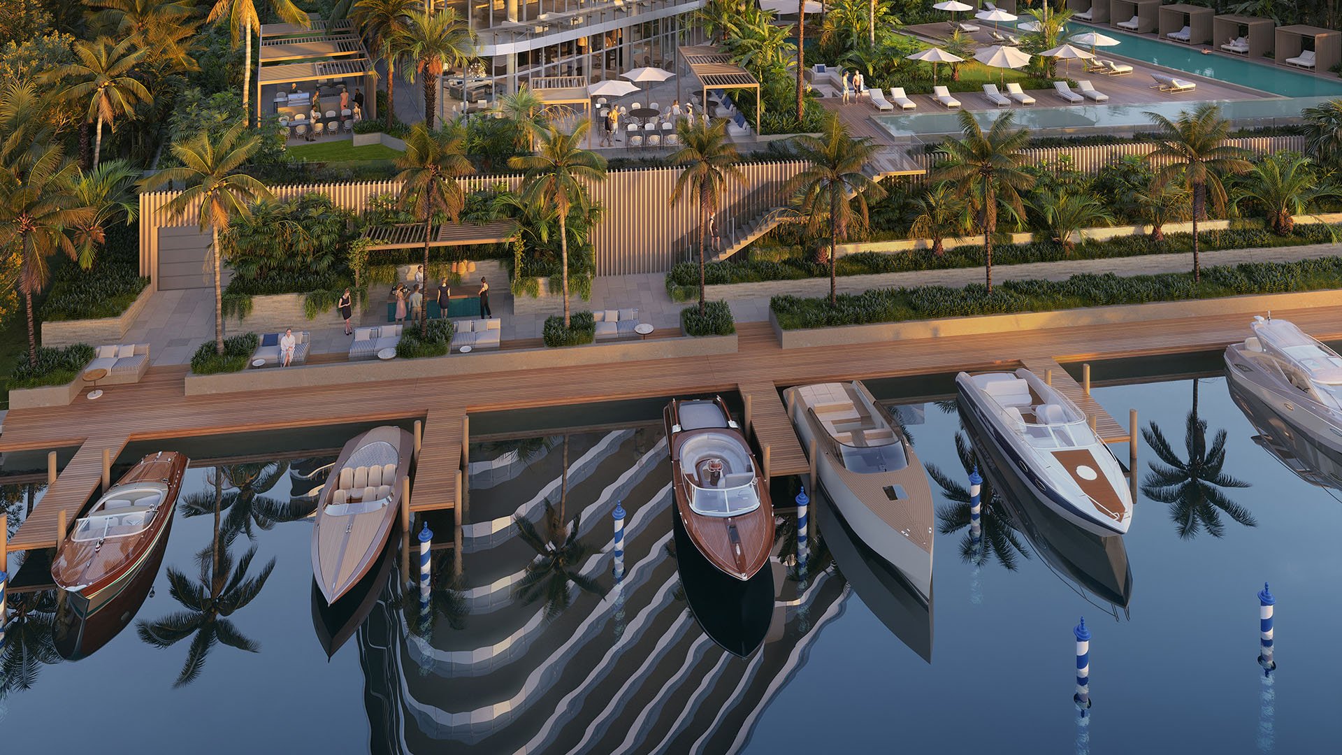Private marina yacht docks and waterfront pool deck at The Ritz-Carlton Residences Pompano Beach, Florida Marina Tower, highlighting luxury and ultra luxury preconstruction condos with boating access and resort amenities.