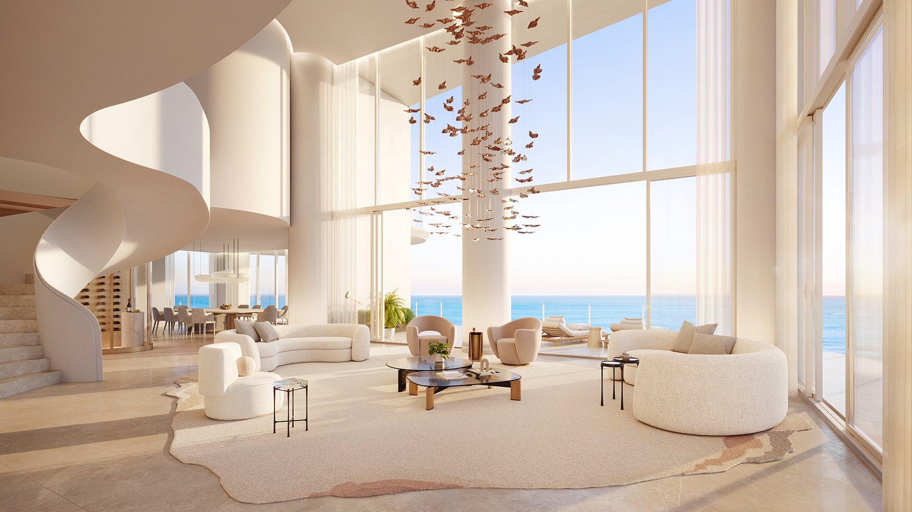 The Ritz‑Carlton South Beach modern coastal living room, Miami Beach—floor‑to‑ceiling glass in luxury and ultra luxury condos; resale.