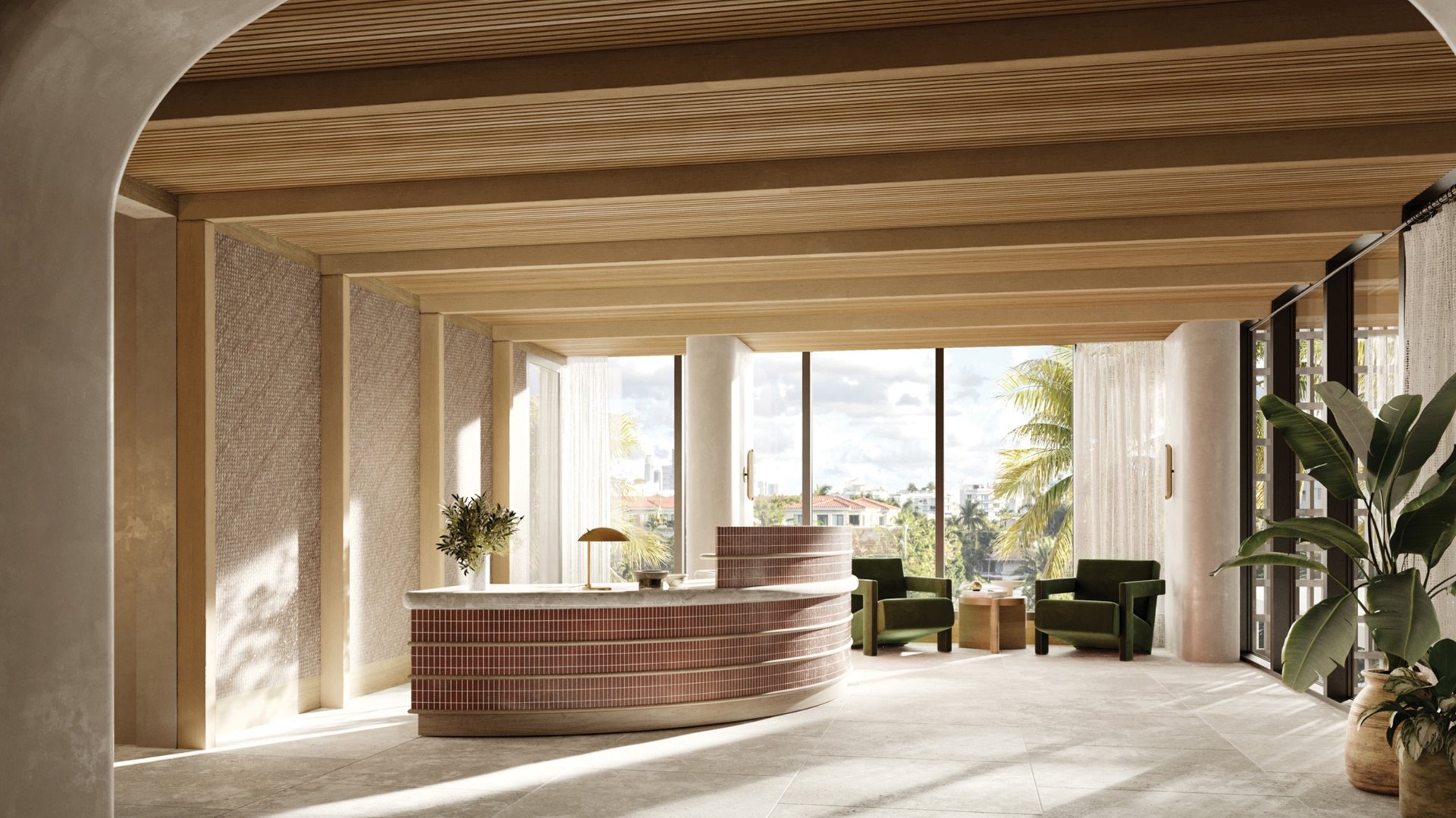 THE WELL Bay Harbor Islands, Miami lobby interior design with warm wood and greenery, boutique arrival for luxury and ultra luxury condos; preconstruction. Featuring modern.