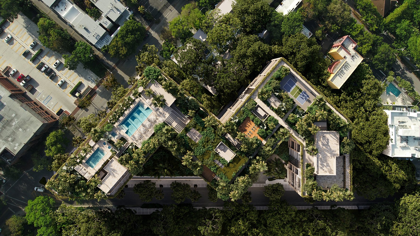 THE WELL Coconut Grove, Miami aerial of landscaped residential complex on the bay—boutique enclave of luxury and ultra luxury condos; preconstruction.