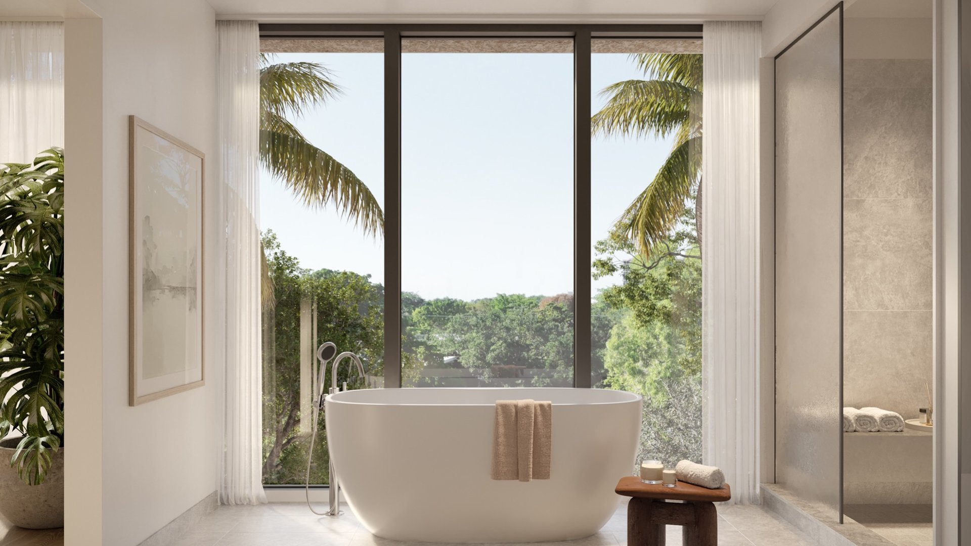 THE WELL Coconut Grove, Miami modern bathroom retreat with bay view, wellness finishes in luxury and ultra luxury condos; preconstruction.
