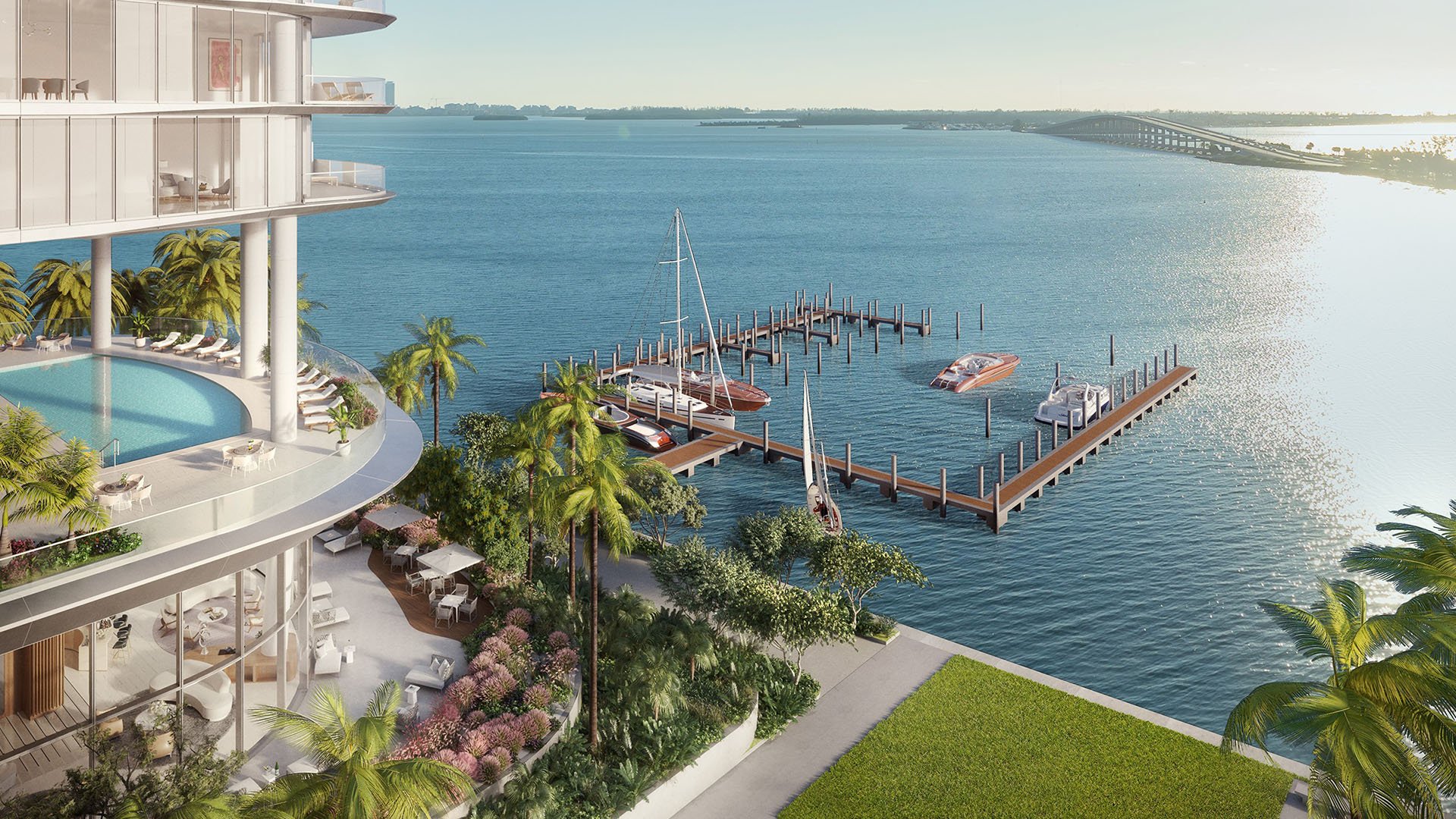 Una Residences Brickell, Miami private marina with boat slips, yacht docks and Biscayne Bay access beside the amenity deck, a hallmark of luxury and ultra luxury preconstruction condos for waterfront boating.