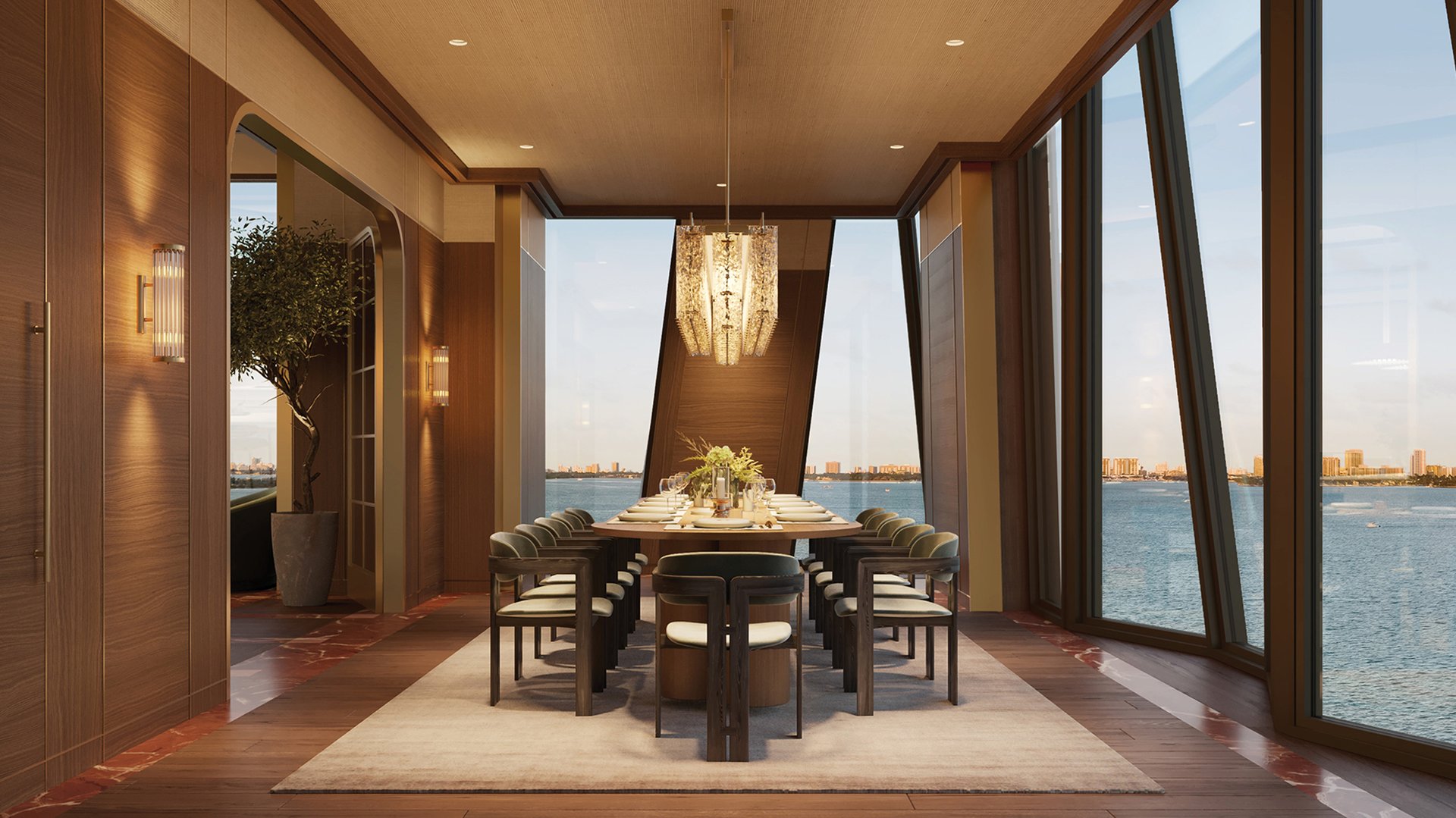 Villa Miami, Edgewater glass‑walled dining room over Biscayne Bay, sunrise waterfront views in luxury and ultra luxury condos; preconstruction. Featuring modern and view.