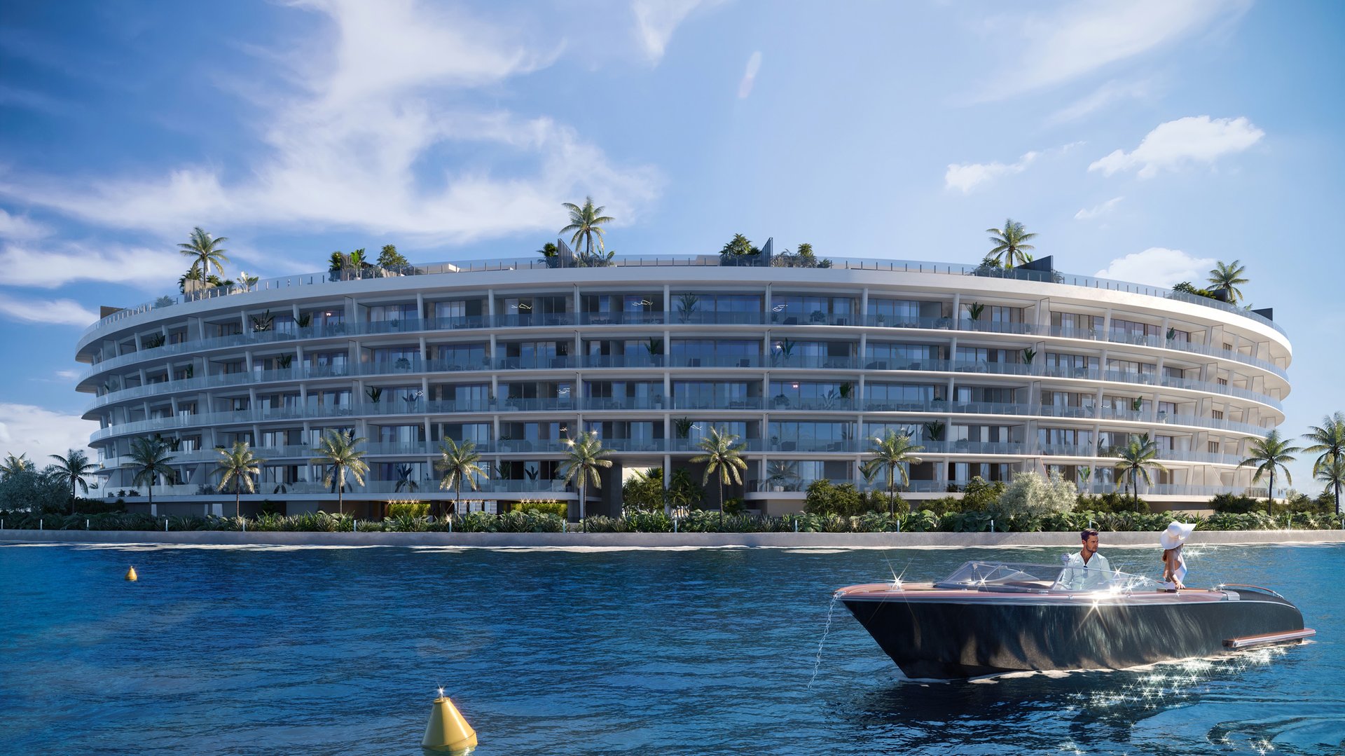 Vita at Grove Isle, Coconut Grove waterfront apartment viewed from a boat by the marina—exclusive luxury and ultra luxury condos; preconstruction.