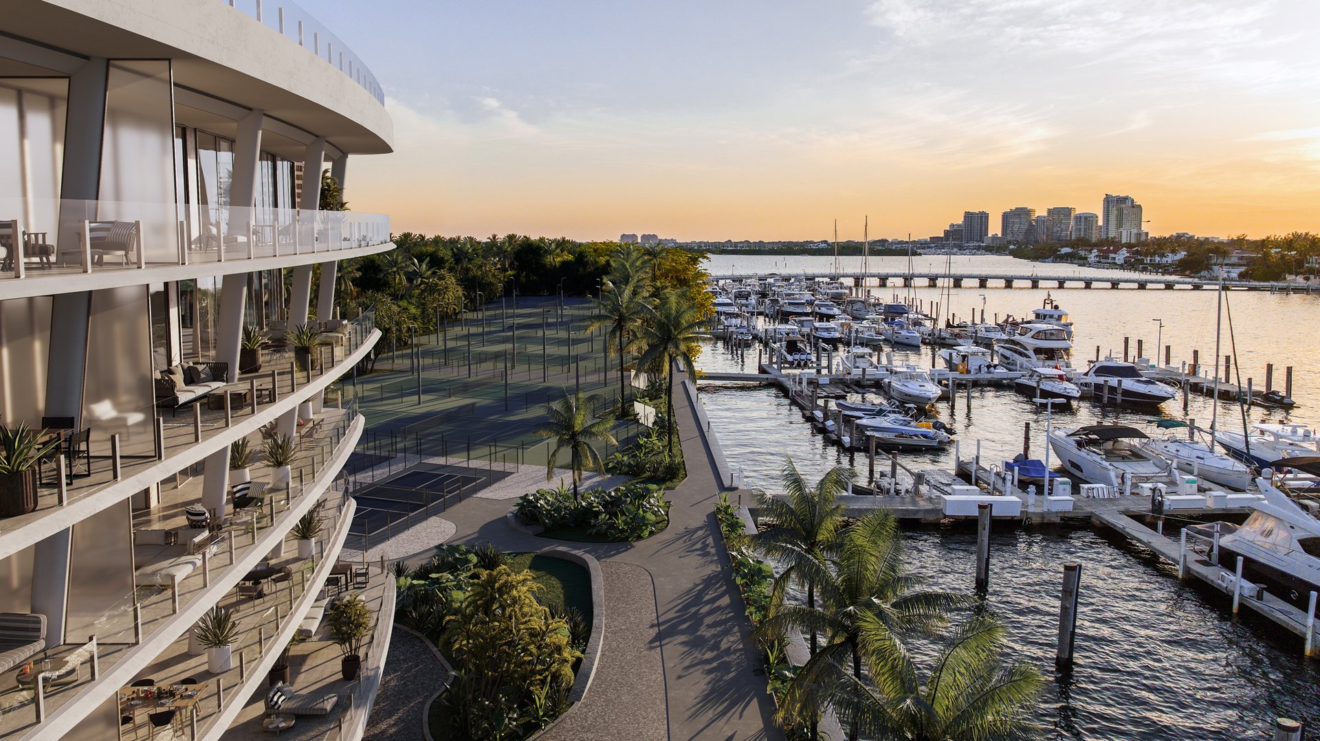Vita at Grove Isle, Coconut Grove waterfront condo at sunset beside the marina—quiet luxury and ultra luxury condos; preconstruction.