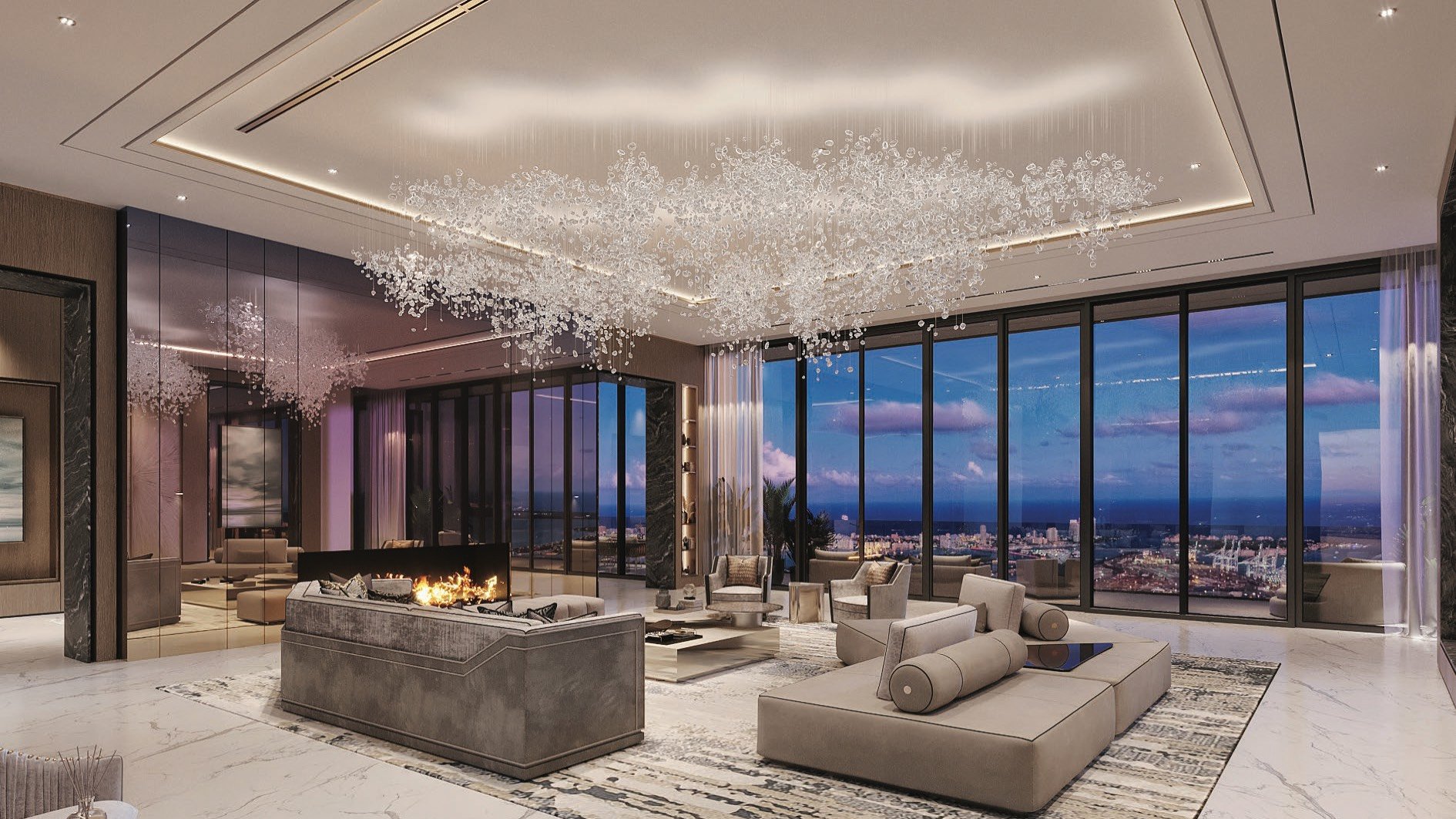 Waldorf Astoria Residences Miami, Downtown living room with designer textures—curated luxury and ultra luxury condos; preconstruction.