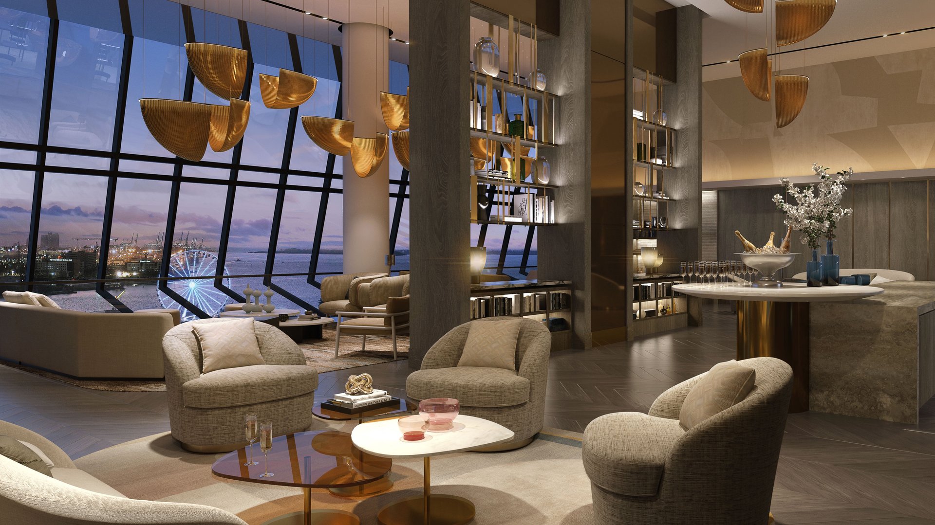Waldorf Astoria Residences Miami, Downtown lounge at dusk with warm lighting—private club ambiance for luxury and ultra luxury condos; preconstruction.