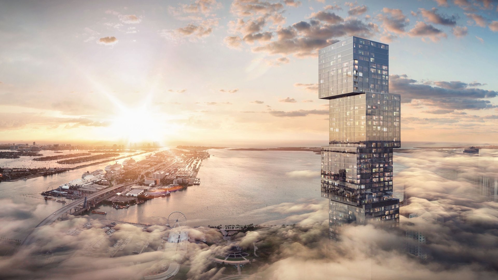 Waldorf Astoria Residences Miami, Downtown Miami skyline at sunset with modern architecture—iconic tower of luxury and ultra luxury condos; flagship preconstruction.