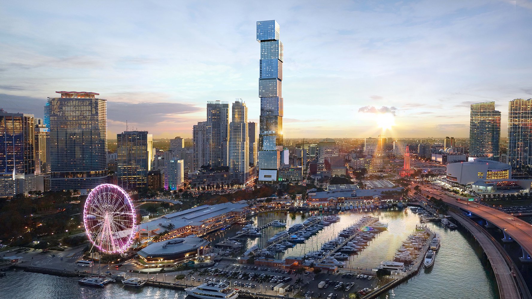 Waldorf Astoria Residences Miami luxury condo tower with bay view, skyline lights, and exclusive waterfront location.