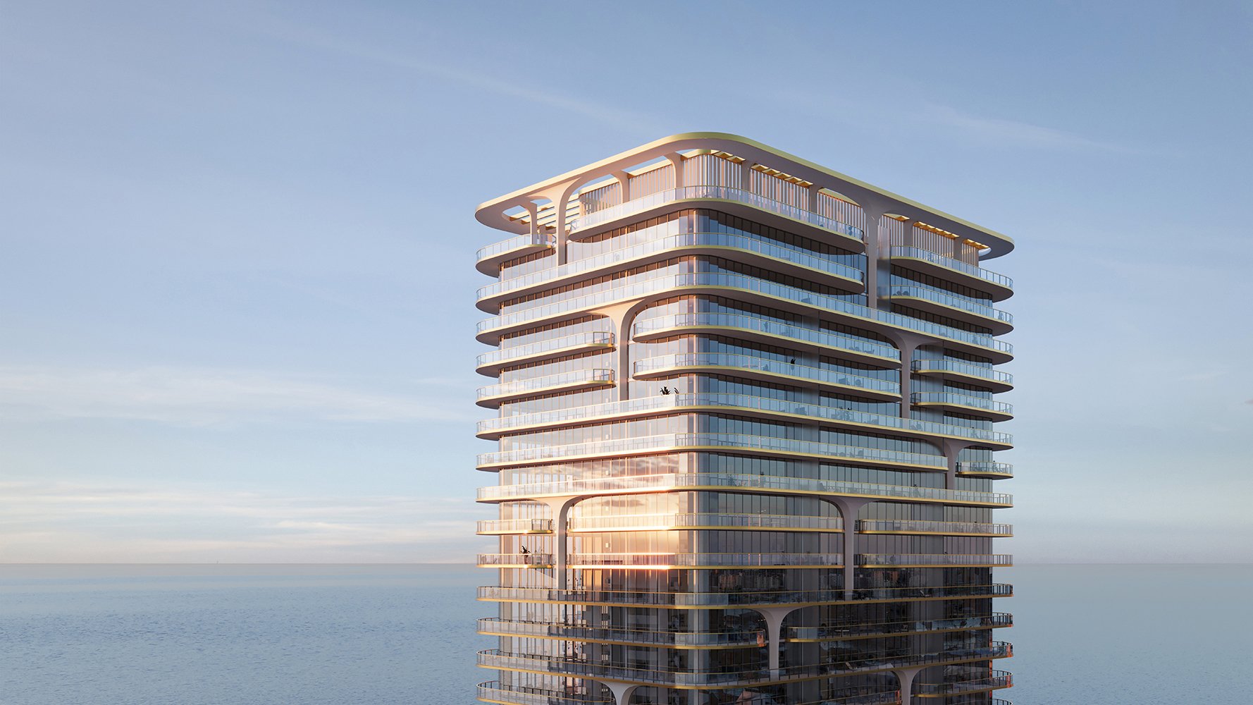 Waldorf Astoria Residences Pompano Beach oceanfront tower poised on the sand, sculpted façade—premier address of luxury and ultra luxury condos; preconstruction.