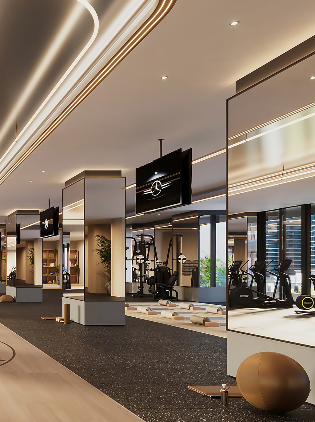 The state-of-the-art fitness center at Mercedes-Benz Places supports active and healthy lifestyles with advanced equipment and personalized training programs. The center accommodates various fitness levels, inspiring residents in a modern environment.