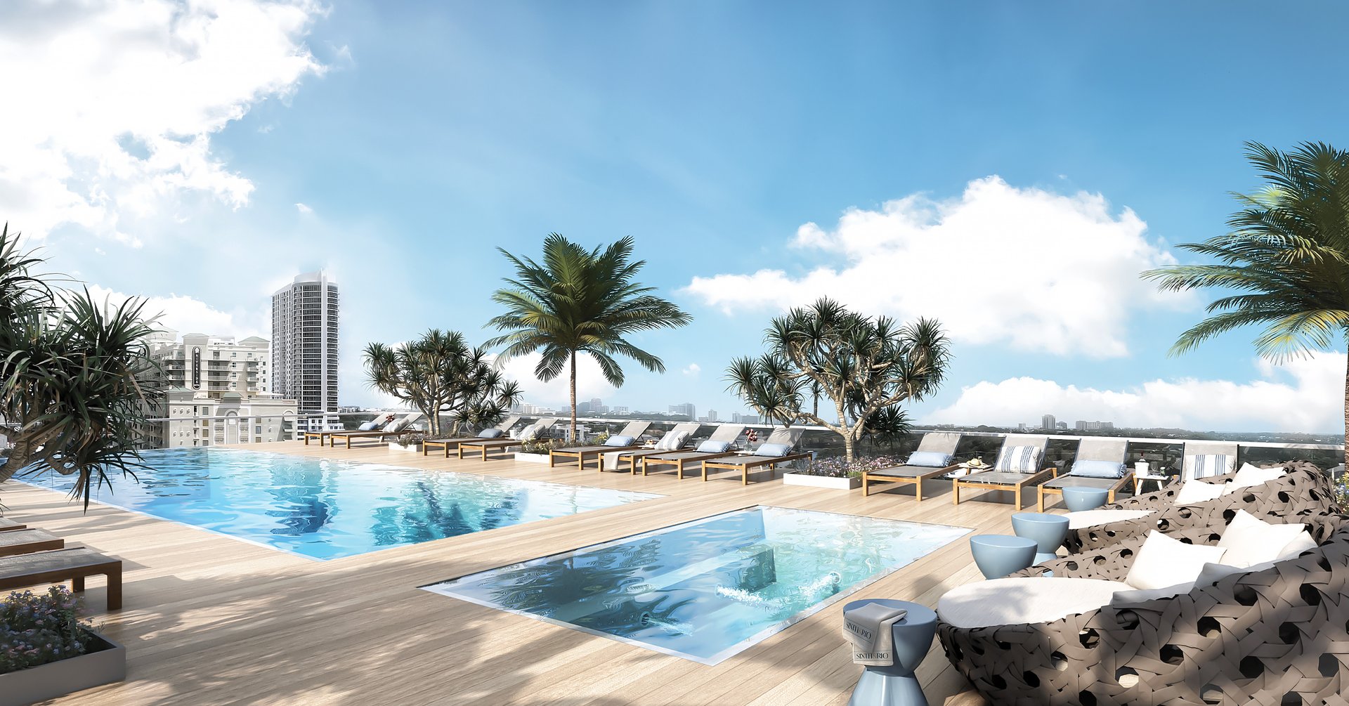 This sky terrace boasts an exquisite infinity-edge pool surrounded by private cabanas, merging luxury and relaxation.