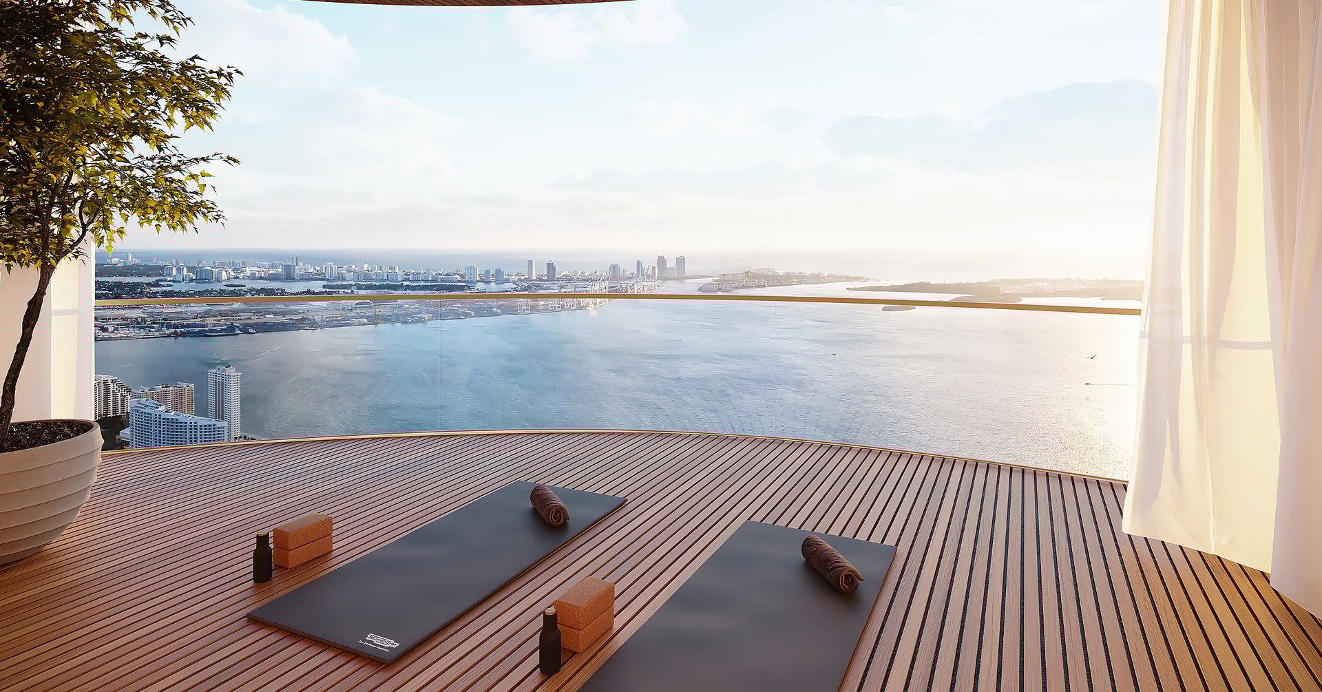 At level 66, residents will find 10,000 Sq. Ft. of spa and gym areas with Technogym equipment, a weight room, HIIT zones, and a yoga studio. This level also includes a juice and nutrition wellness bar for healthy post-workout food and beverages, hot and cold plunge pools, a meditation room, treatment rooms, a beauty suite, and a generous outdoor sun terrace to enjoy from sunrise to sunset.