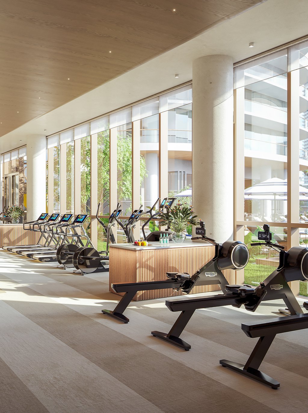 A fully equipped gym with the latest technology for daily workouts and personal training.