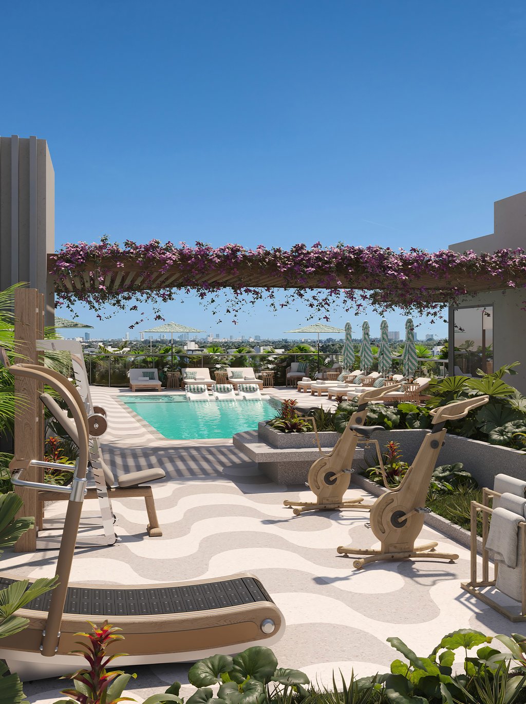 A landscaped fitness garden and wellness zone bring movement outdoors, balancing strength training and recovery in fresh air. Thoughtful lighting, greenery, and calm materials create a restorative atmosphere that complements the residences’ natural palette and indoor-outdoor flow from sunrise to sunset.