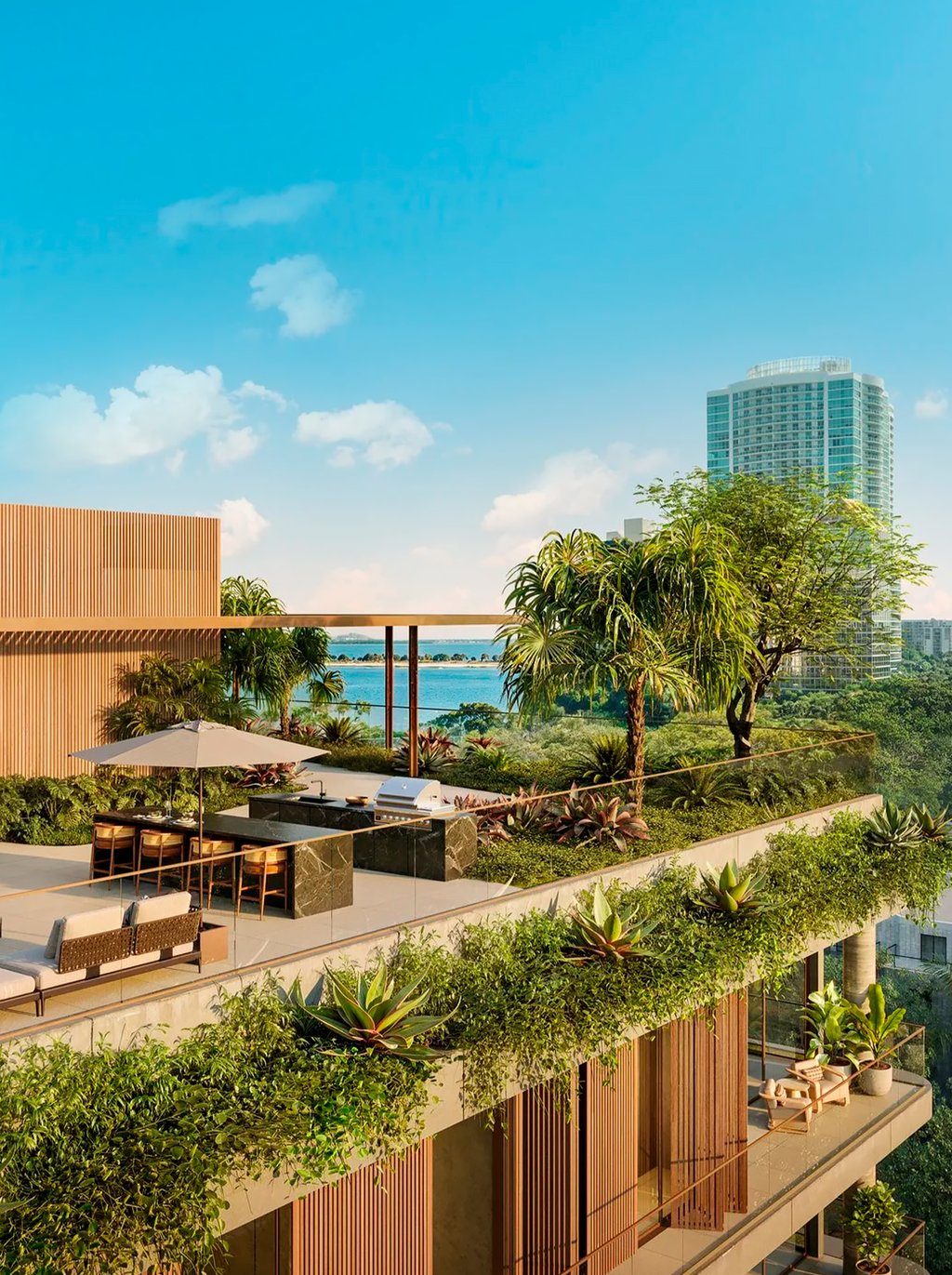 The rooftop oasis features a 50-foot resort-style pool with private cabanas and an expansive 5,200 sq. ft. sun deck overlooking the Miami skyline. This elevated retreat offers panoramic city and bay views, creating the perfect setting for relaxation and elegant social gatherings above the bustle of Brickell.