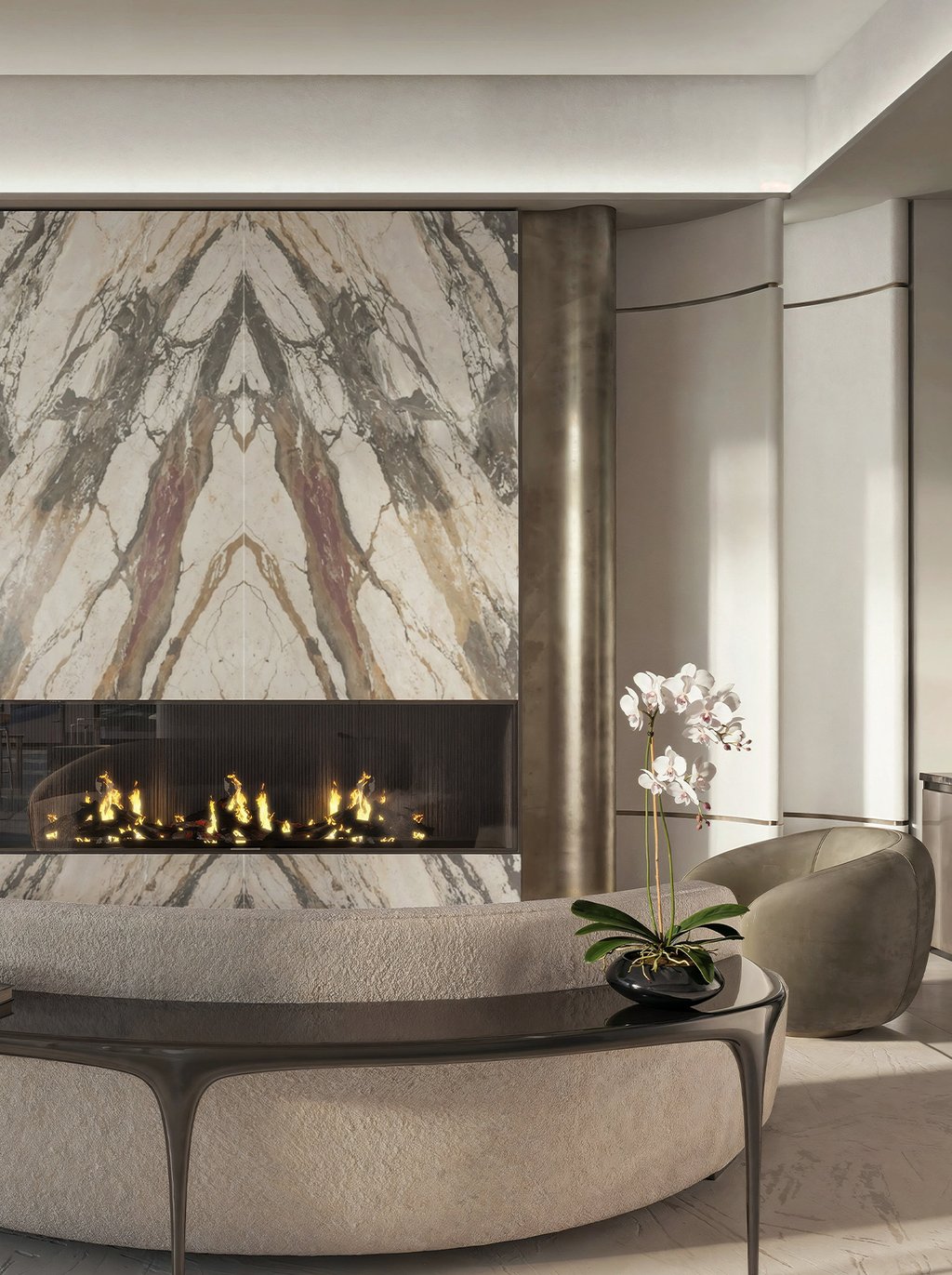 The sixth-floor amenity suite brings together the Vista Lounge, skyline club room, great room, and private dining room for twelve. Designed for conversation, celebrations, and quiet retreat, these interiors pair warm materiality, marble detailing, and expansive glazing with memorable waterfront outlooks.