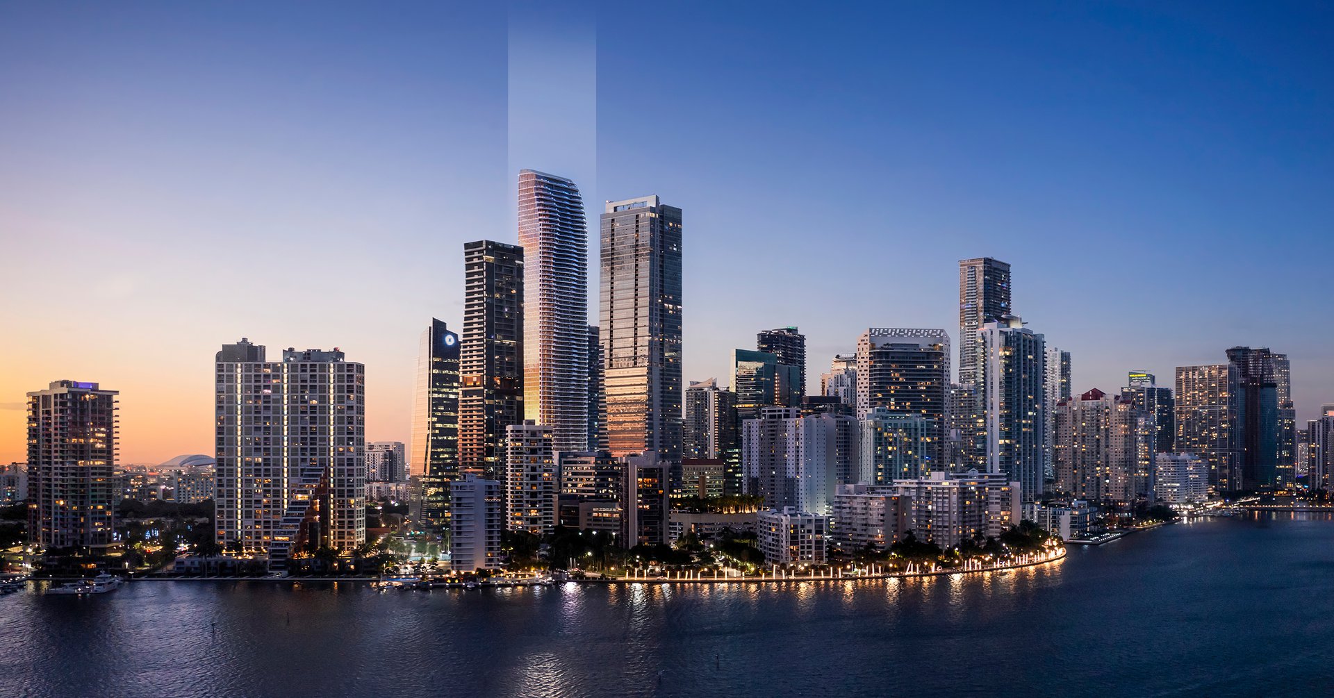 Within Brickell, Miami’s financial district, The Penthouse occupies the bay-facing stretch of Brickell Avenue opposite Brickell Key, with 84 linear feet of east-facing terrace frontage on each of its two levels. Miami International Airport, the district’s private banking and family-office core, and Brickell’s principal hospitality addresses are all within quick reach. The address places international business access and waterfront calm in deliberate balance.