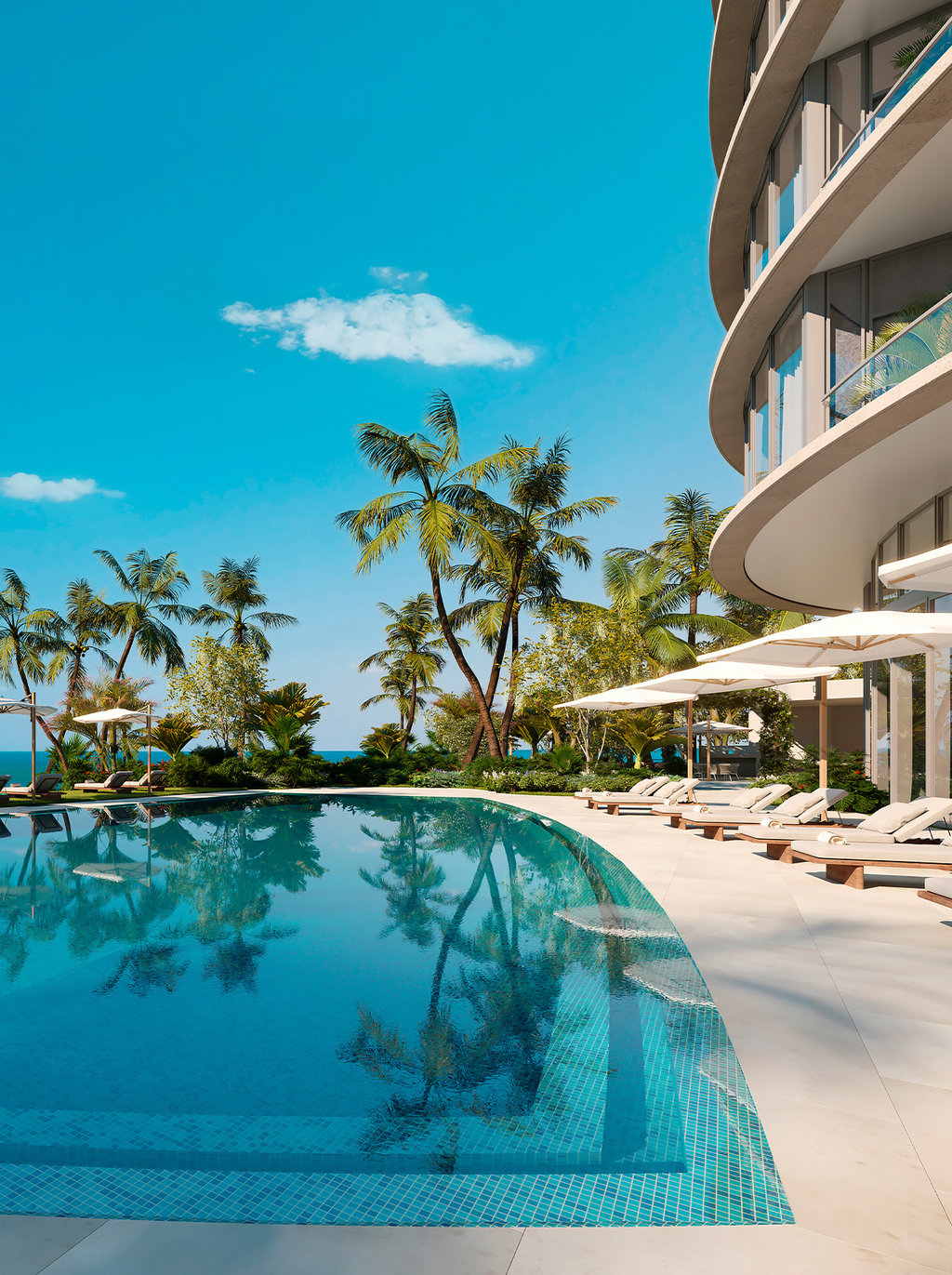 The social deck includes sunrise and sunset resort-style pools, an outdoor spa, sunbeds and cabanas, poolside food-and-beverage service, and a pickleball court.