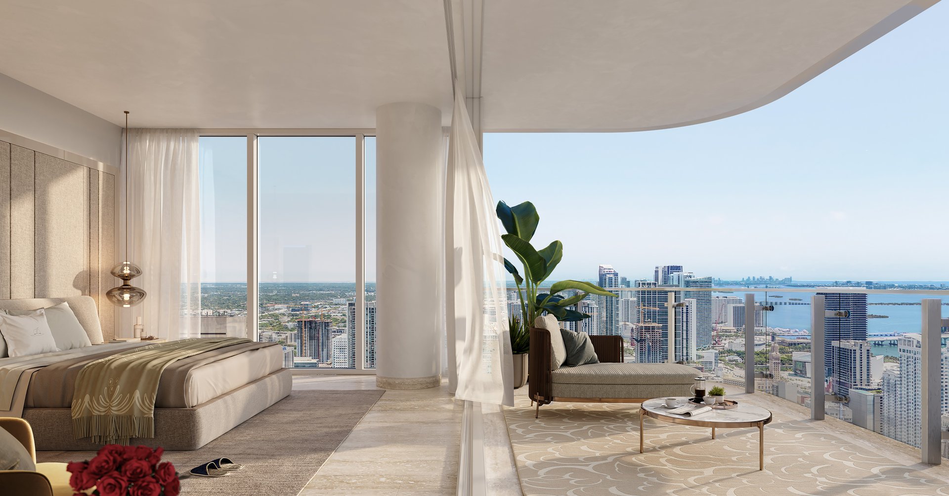 Throughout the collection, private and semi-private elevator vestibules, open plans, and 10-foot-deep terraces establish a residential cadence defined by light, discretion, and horizon. Floor-to-ceiling impact glazing frames the river, bay, and skyline, while fully finished interiors arrive prewired for integrated home systems. Upper Penthouse extends that language across 15,136 square feet, with four bedroom suites, staff quarters, and a private rooftop retreat.