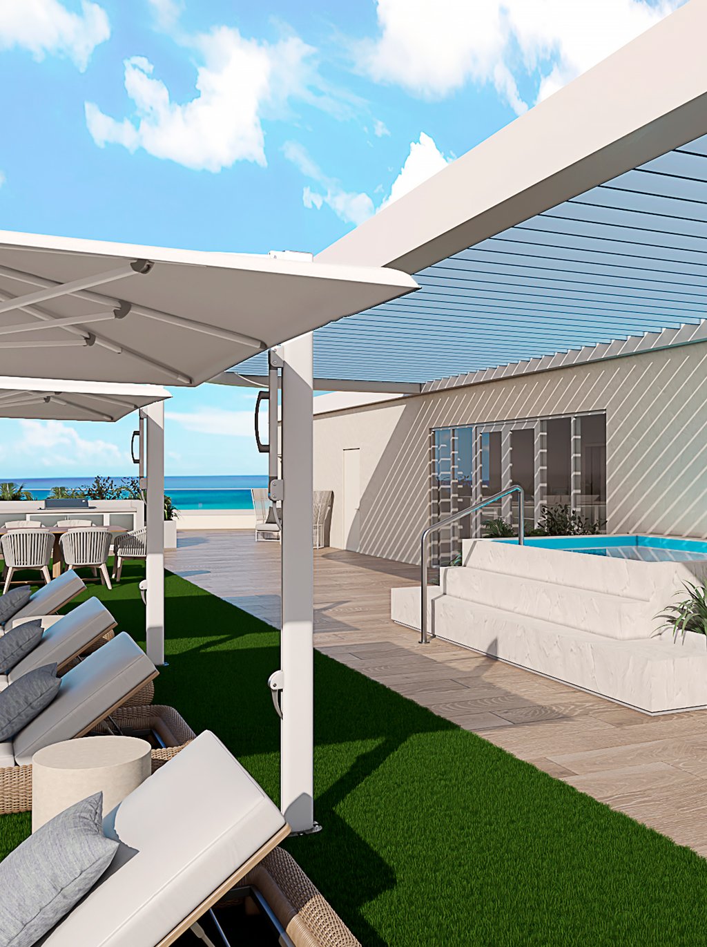 The rooftop terrace spans over 3,000 square feet, complete with outdoor kitchens, lounges, and a spa. It is a sanctuary in the sky, offering panoramic views of both sunrise and sunset for ultimate relaxation and gatherings.