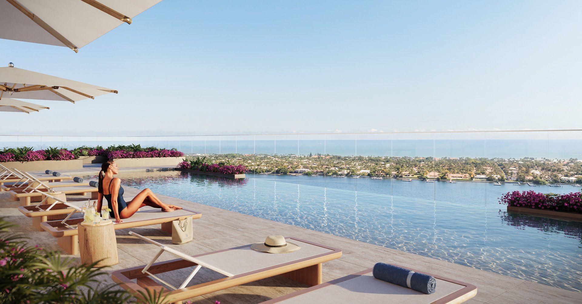 A lavish pool, sun shelf, and roof deck invite relaxation, while the adjacent terrace offers an outdoor space for sunbathing, socializing, and enjoying views.