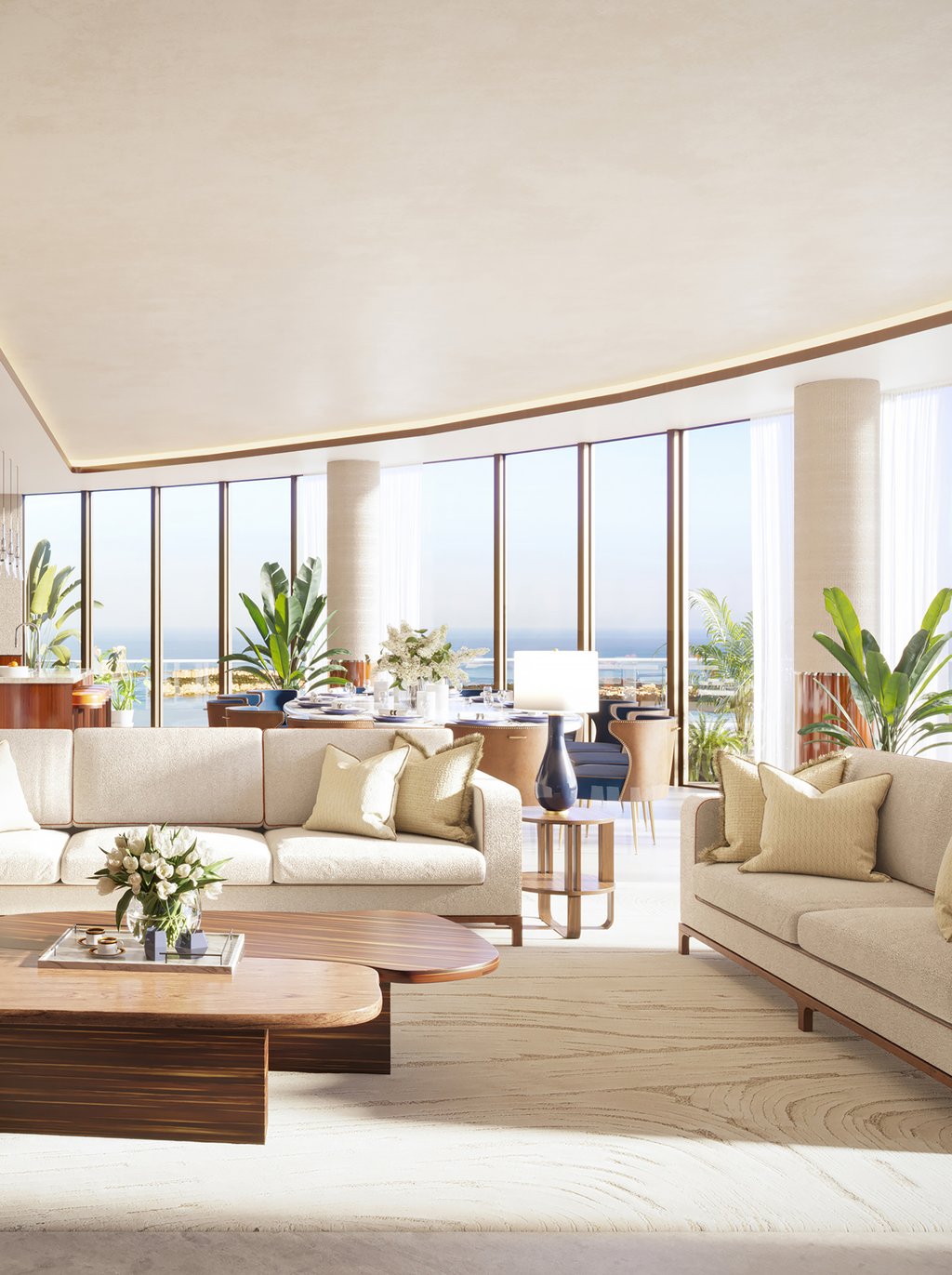 Rising across the 80th through 82nd levels, the Penthouse joins Arquitectonica's sculptural Miami tower with interiors by 1508 London in a tri-level commission of rare scale and discretion. Floor-to-ceiling glass and broad terraces draw uninterrupted sightlines across Biscayne Bay, the Brickell skyline, and the wider Miami horizon. With 6,093 interior square feet and 3,190 square feet of terrace, it reads as a private house above the city.