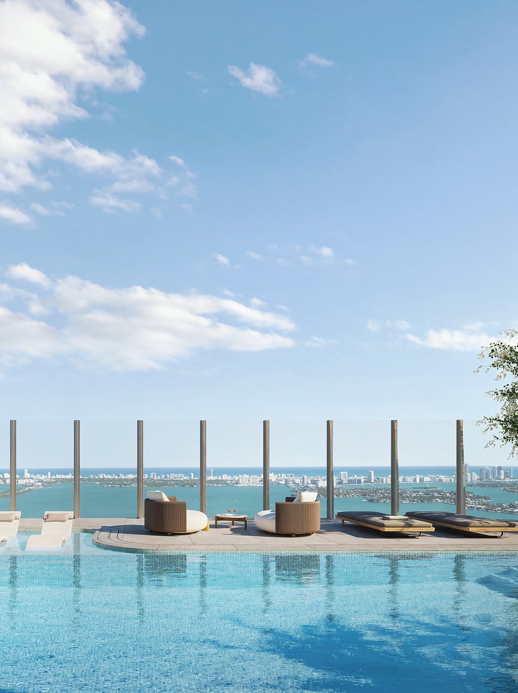 The rooftop brings social life to the sky with a 40-foot saltwater pool, bay sundeck, club lounge, private dining room, pool lounge, sunset garden, and hot tub. It is planned for sunrise rituals, open-air gatherings, culinary experiences, and year-round community programming.