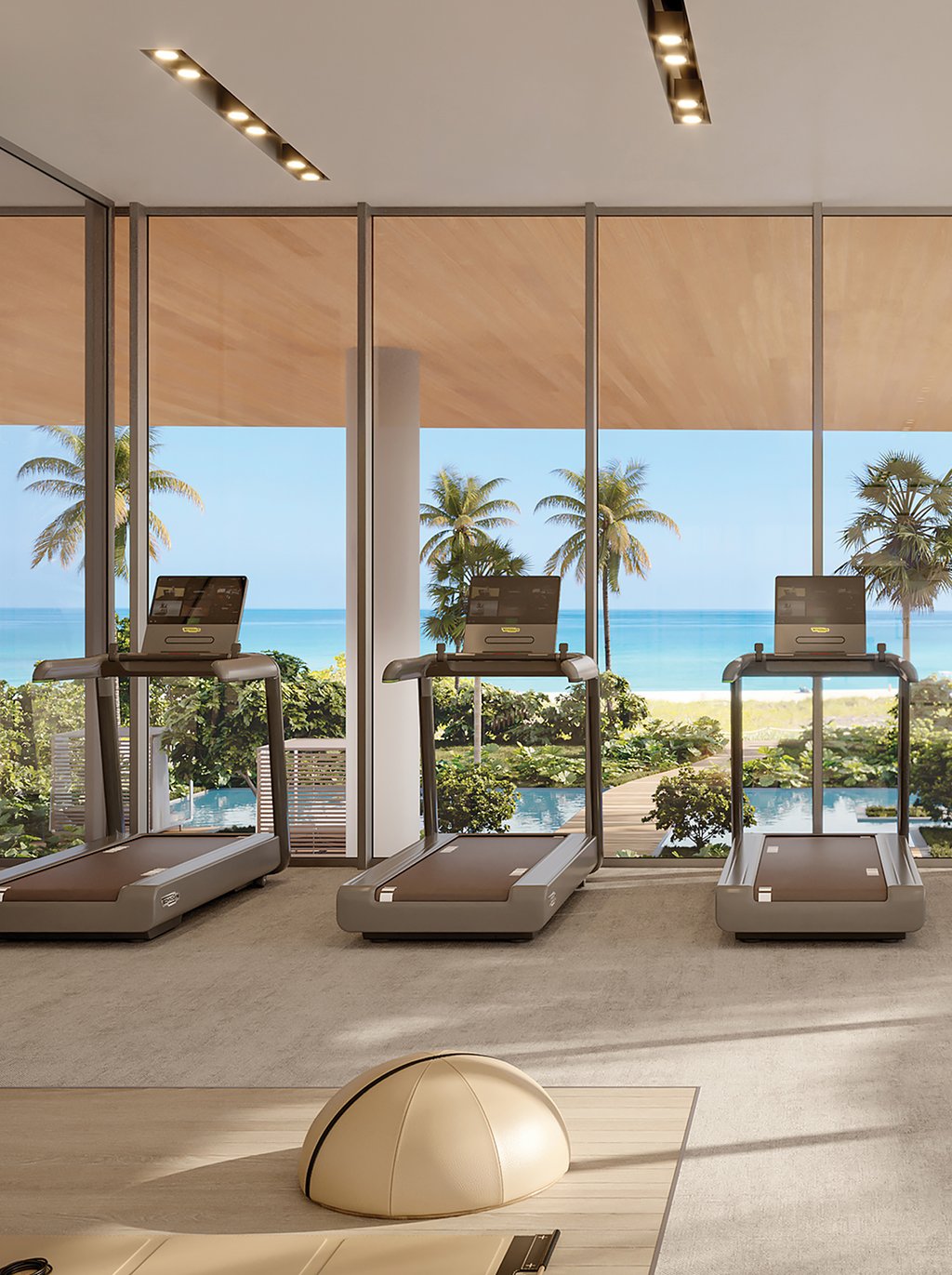 An equipped room with everything needed for a complete workout. Other wellness areas include a sauna, and steam rooms.