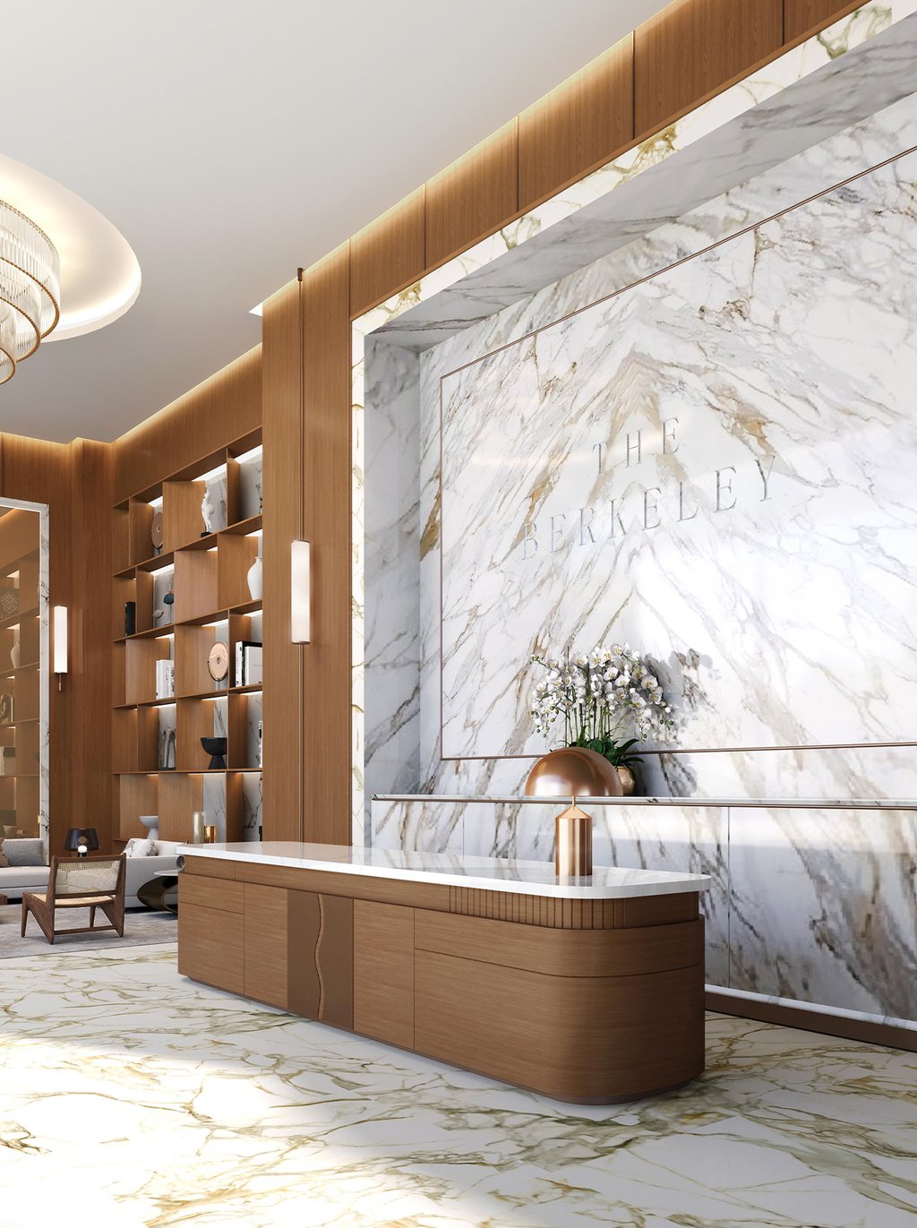 Arrival at The Berkeley feels like a boutique hotel. A double-height lobby with 24/7 concierge, valet porte-cochère, library lounge, boardroom, co-working suites, and a pet-spa with covered dog run create a refined, service-rich environment where every detail of daily life is gracefully handled.