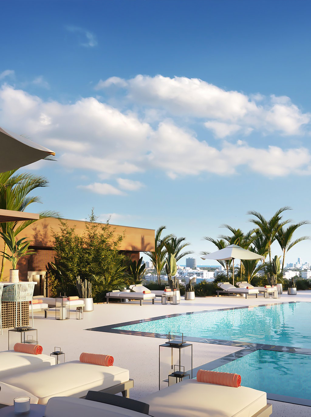The rooftop level includes a pool, sunbeds, a bar, and social areas to relax.